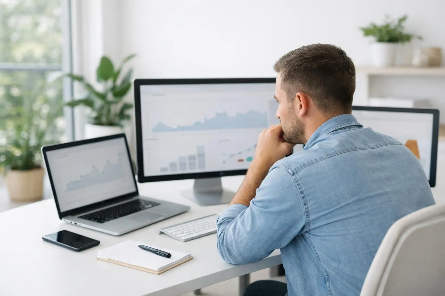 A digital marketing professional analyzing multiple computer screens displaying colorful data dashboards and quality metrics, modern office setting with natural lighting, showing detailed SEO analytics and content performance indicators, professional workspace with plants and minimalist decor, no text or labels visible on any screen