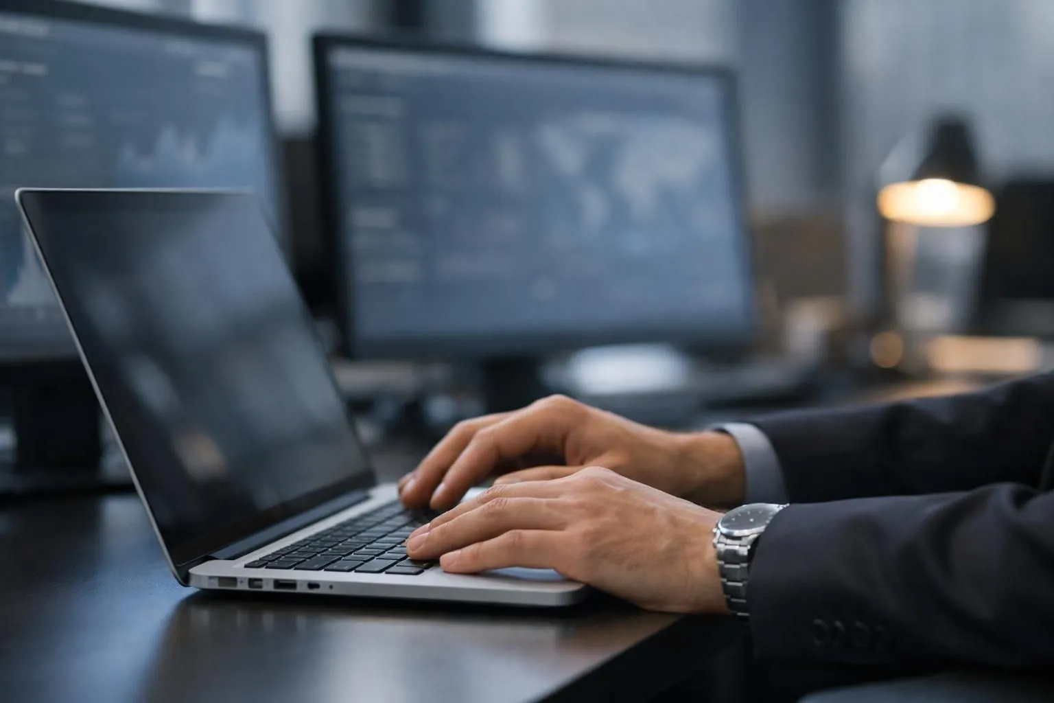 A professional workspace showing multiple computer screens displaying content analytics dashboards with graphs and metrics, a digital marketing professional reviewing SEO performance data, modern office environment with blue accent lighting, photorealistic style