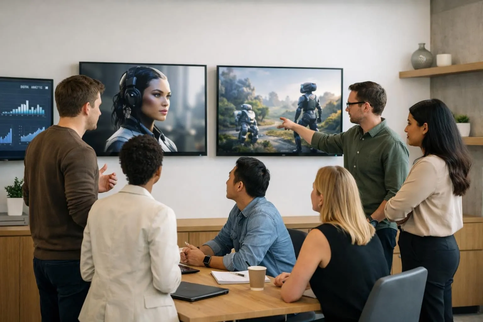 Business team reviewing AI-generated marketing content on large monitors in modern collaborative workspace with digital analytics dashboards showing content performance metrics and workflow automation