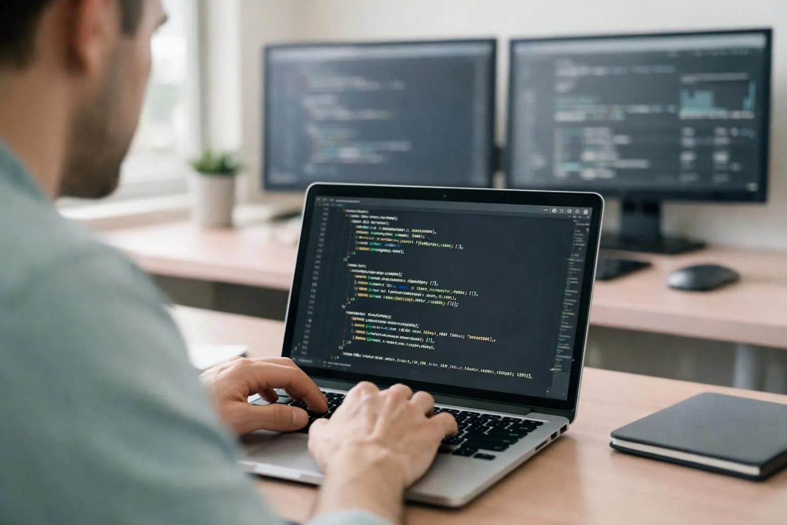 Developer typing on laptop with API code visible on screen, modern office with dual monitors showing JSON response data and authentication tokens, technical workspace environment