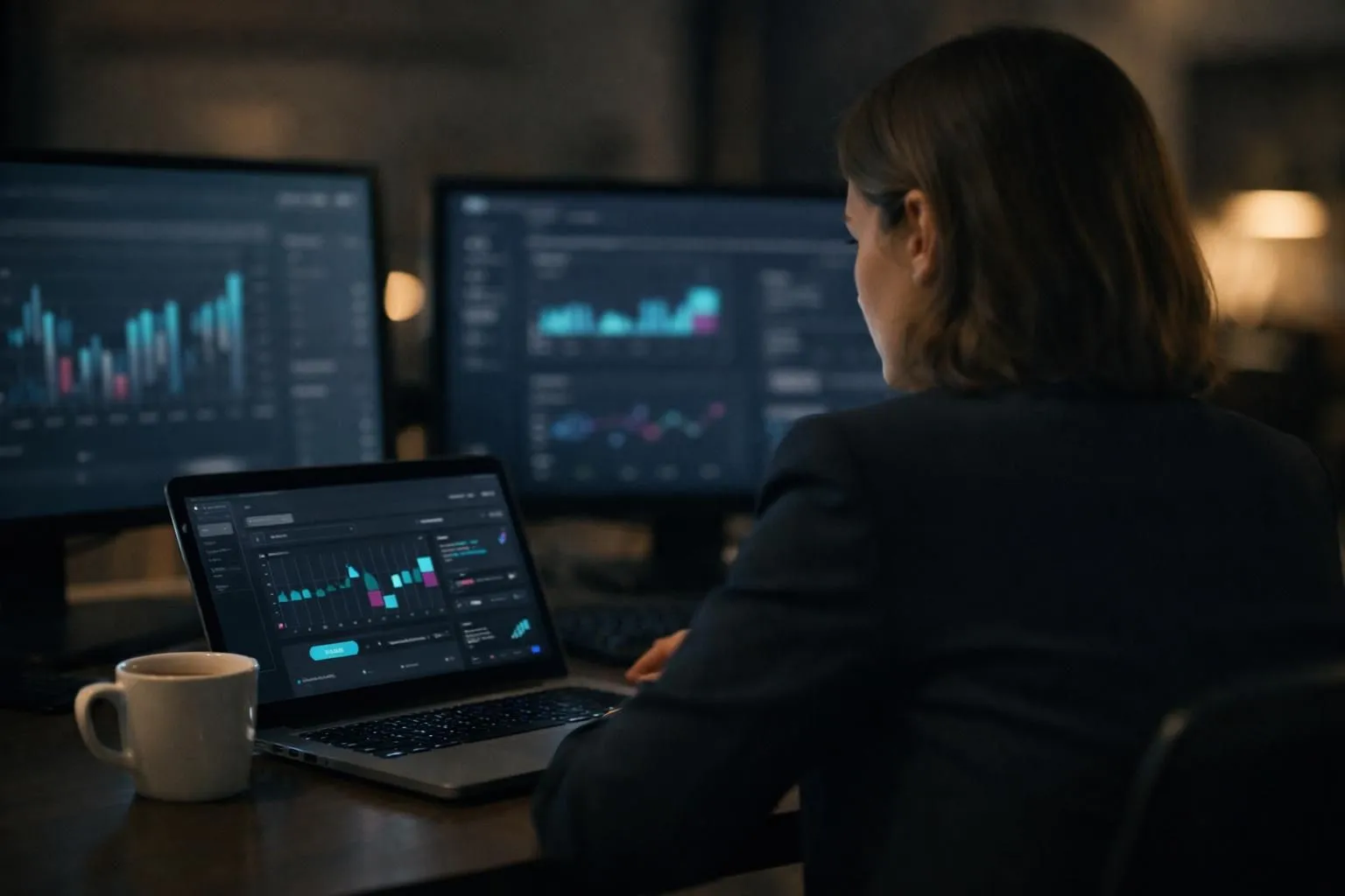 Marketing manager analyzing multiple invoices and pricing spreadsheets with frustrated expression, laptop showing API dashboard, office desk with coffee cup, warm lighting suggesting late evening work