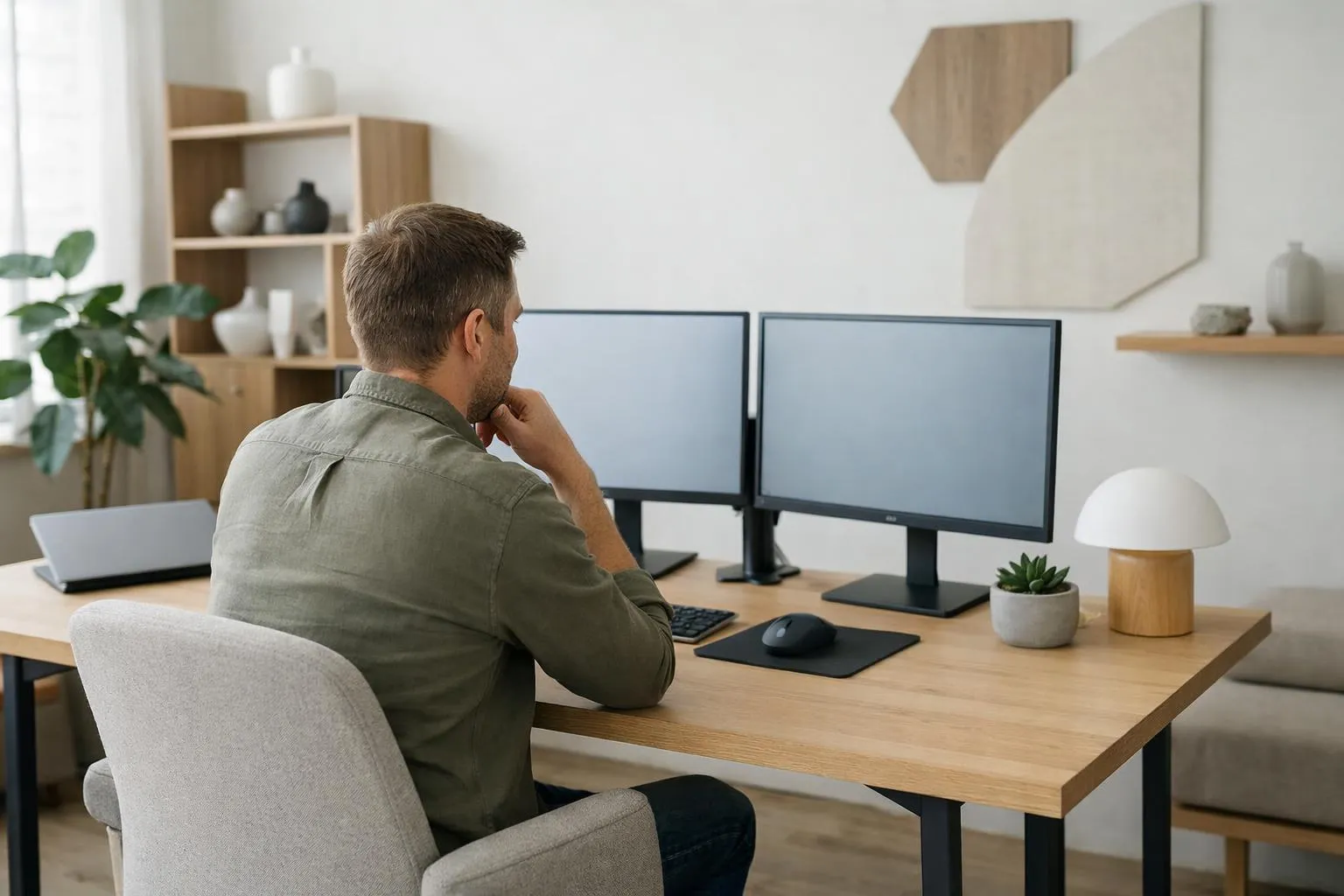 Person working at a desk with dual computer monitors and a laptop.