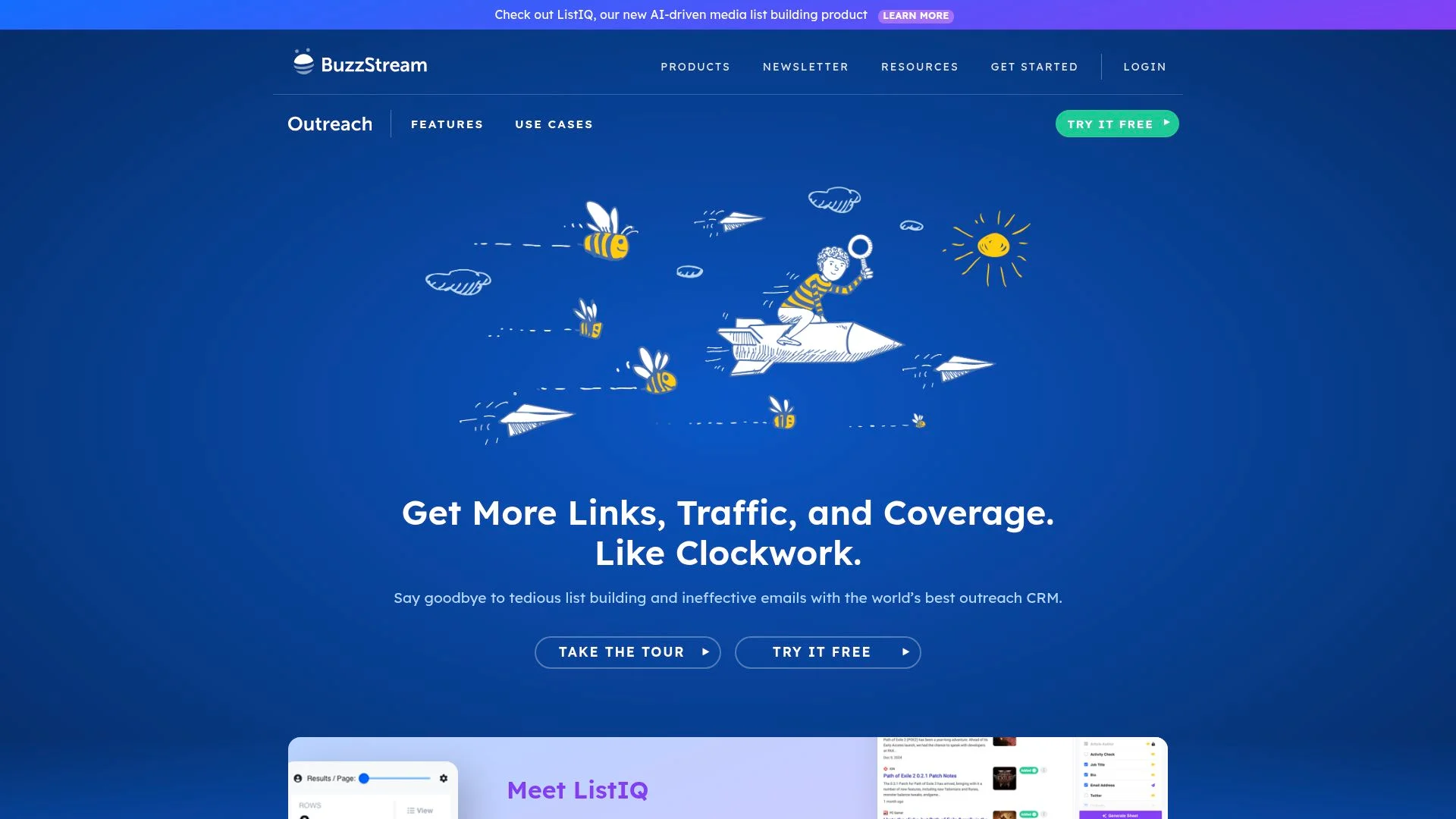 Cartoon illustration of bees, rocket, and person on a blue background.