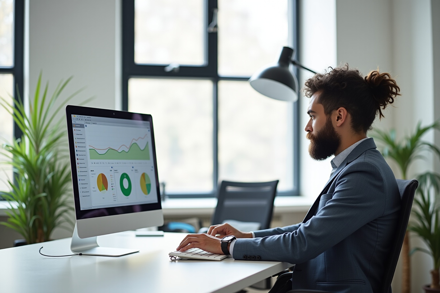Businessman analyzing data on computer screen in office environment.