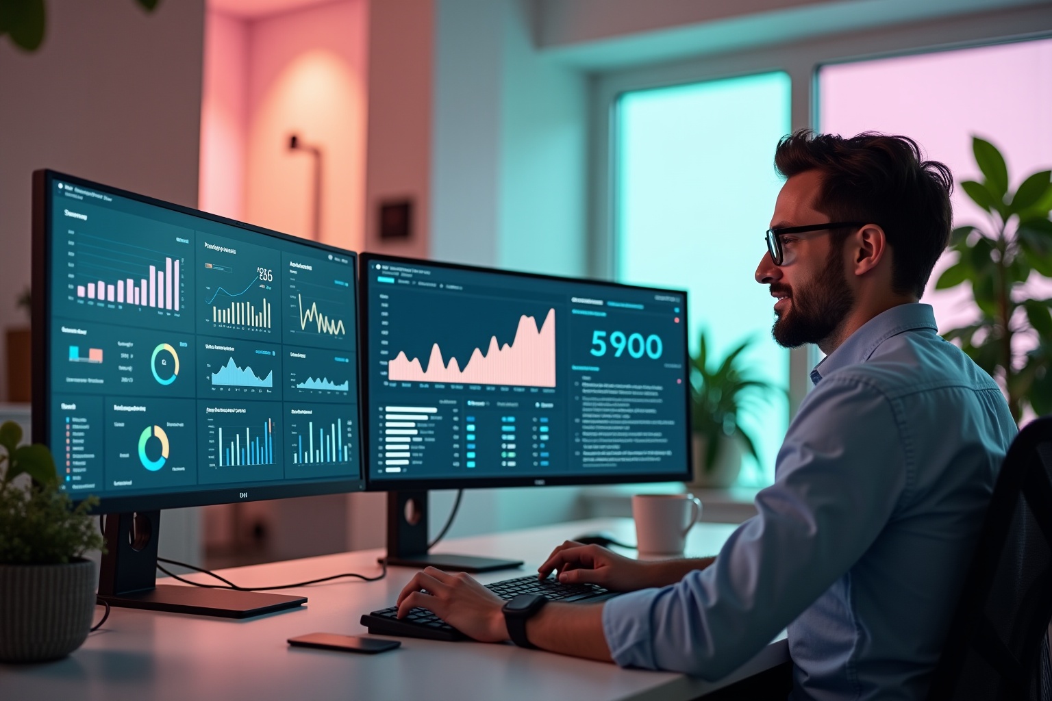 Businessman analyzing data on multiple computer screens in a colorful office.