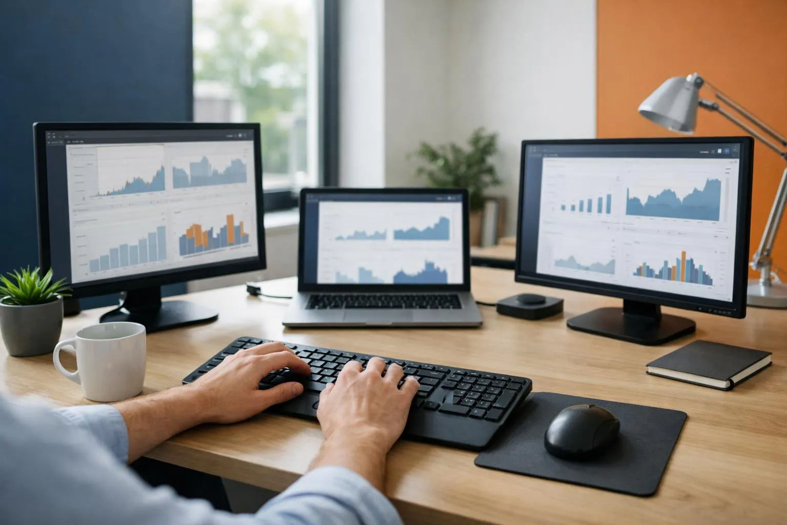 Multiple computer screens displaying financial data and graphs, desk with keyboard and mouse.