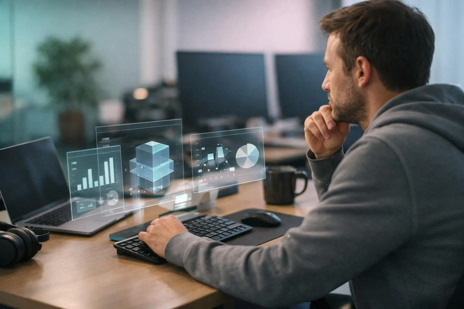 A person analyzing data visualizations on multiple computer screens.