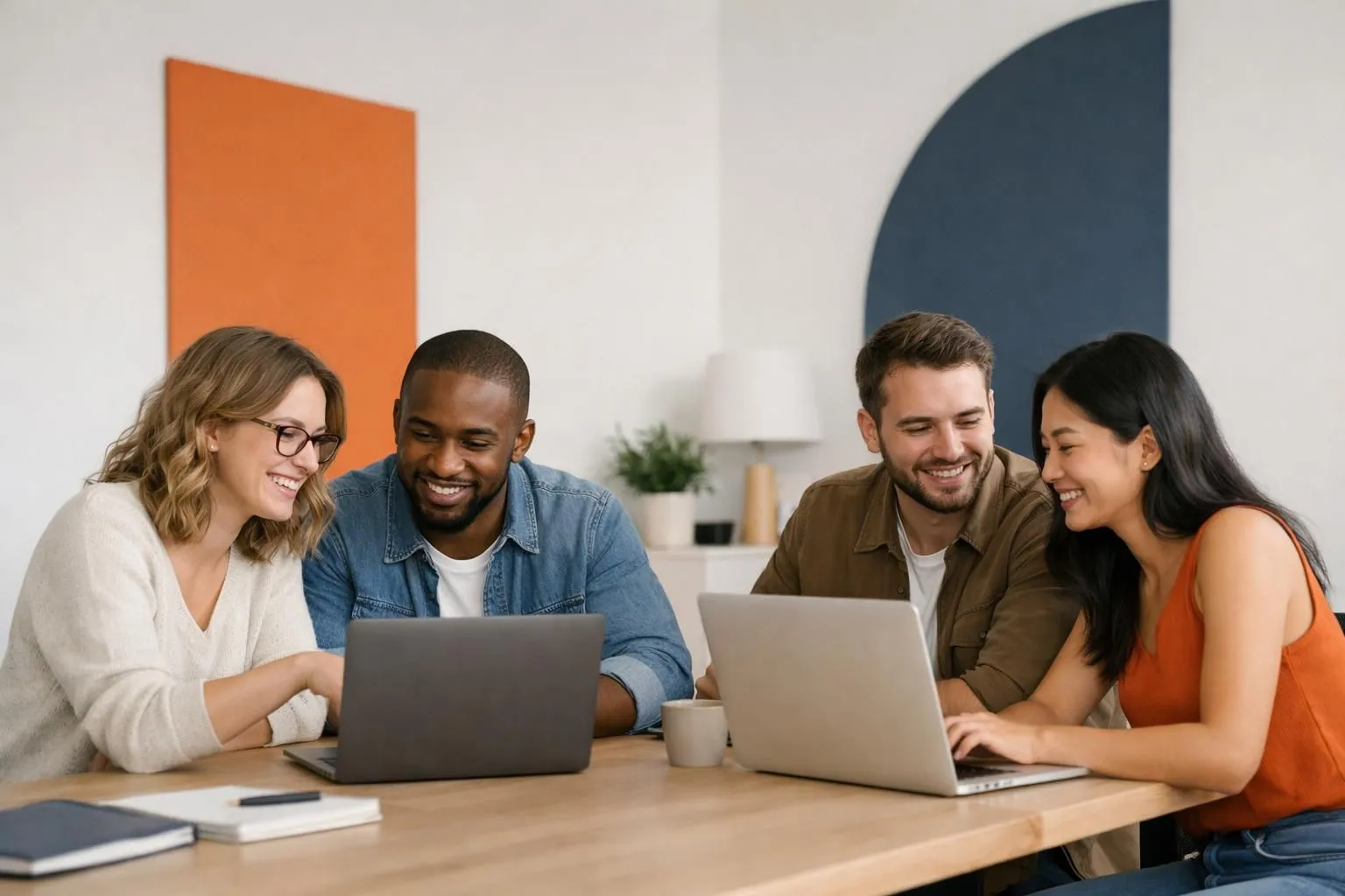 Marketing team members working at computers with AI interface overlays showing content analytics dashboards and automated workflow visualizations in modern corporate office setting