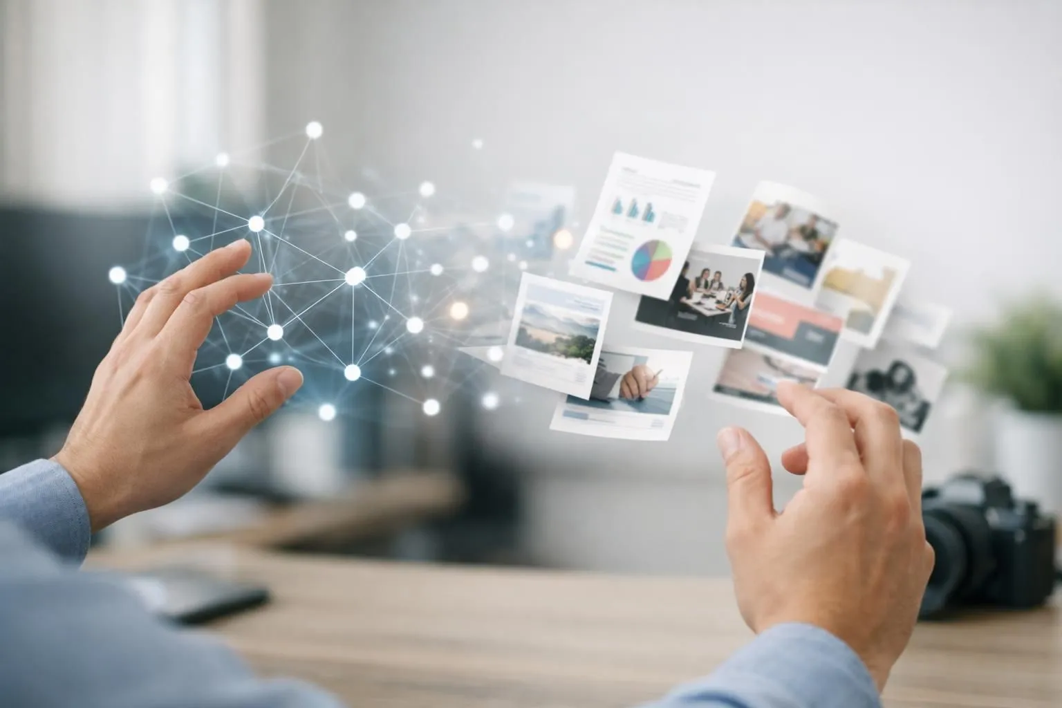 Neural network visualization with interconnected data nodes transforming into business documents and marketing materials, showing AI processing workflow for B2B content creation with abstract digital pathways