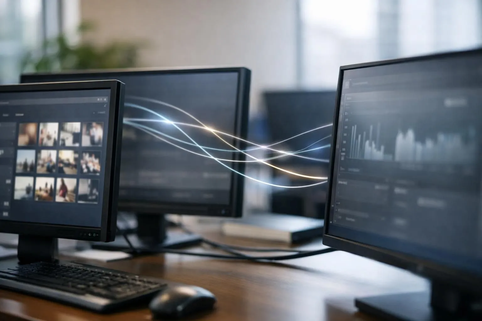 Modern office workspace showing multiple computer monitors displaying data analytics dashboards and content management interfaces, with flowing digital streams of information connecting different screens, professional setting with soft natural lighting