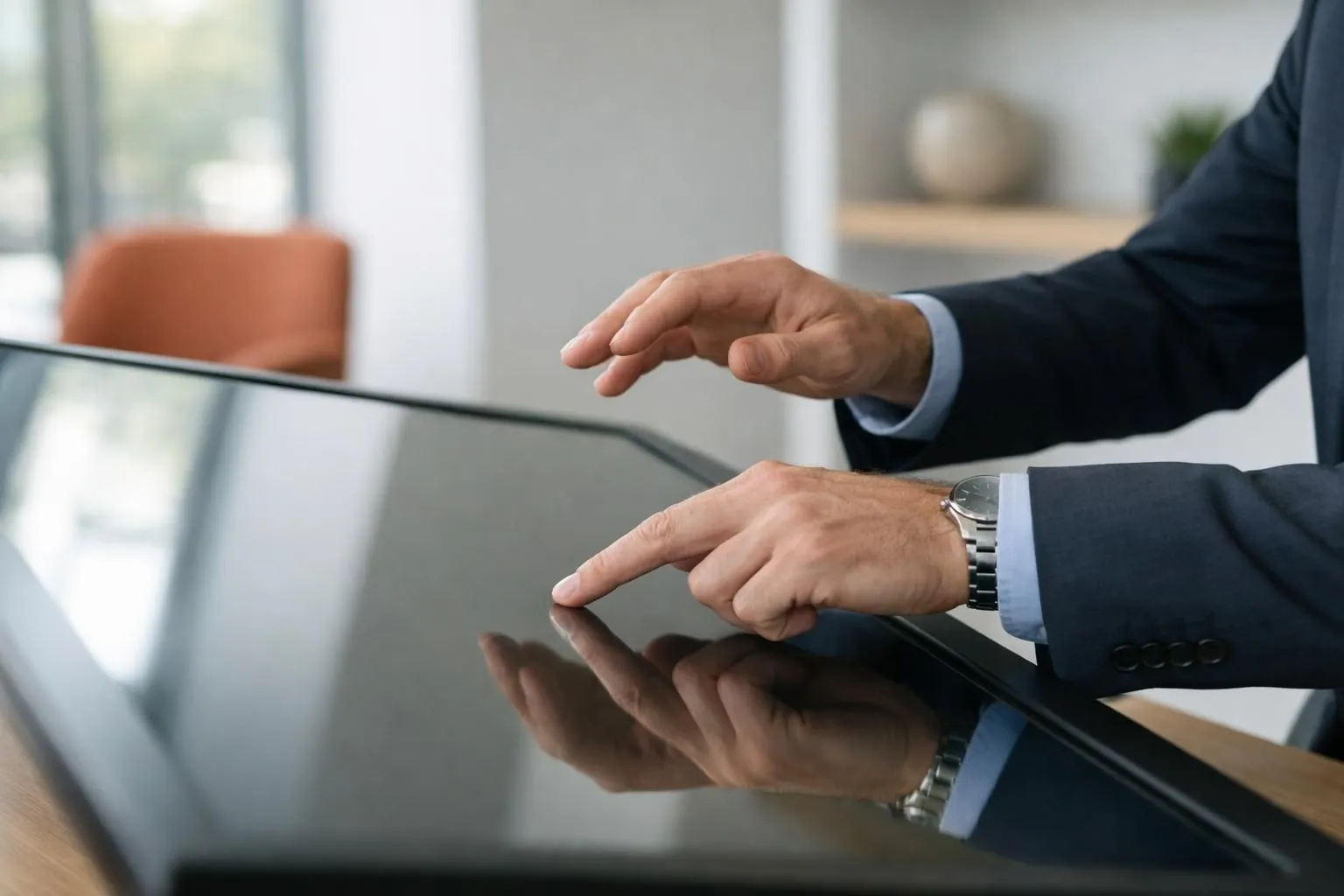 Business strategist analyzing a dynamic digital roadmap displayed on a large touchscreen, with SEO metrics and AI automation icons visible, modern office environment with natural lighting