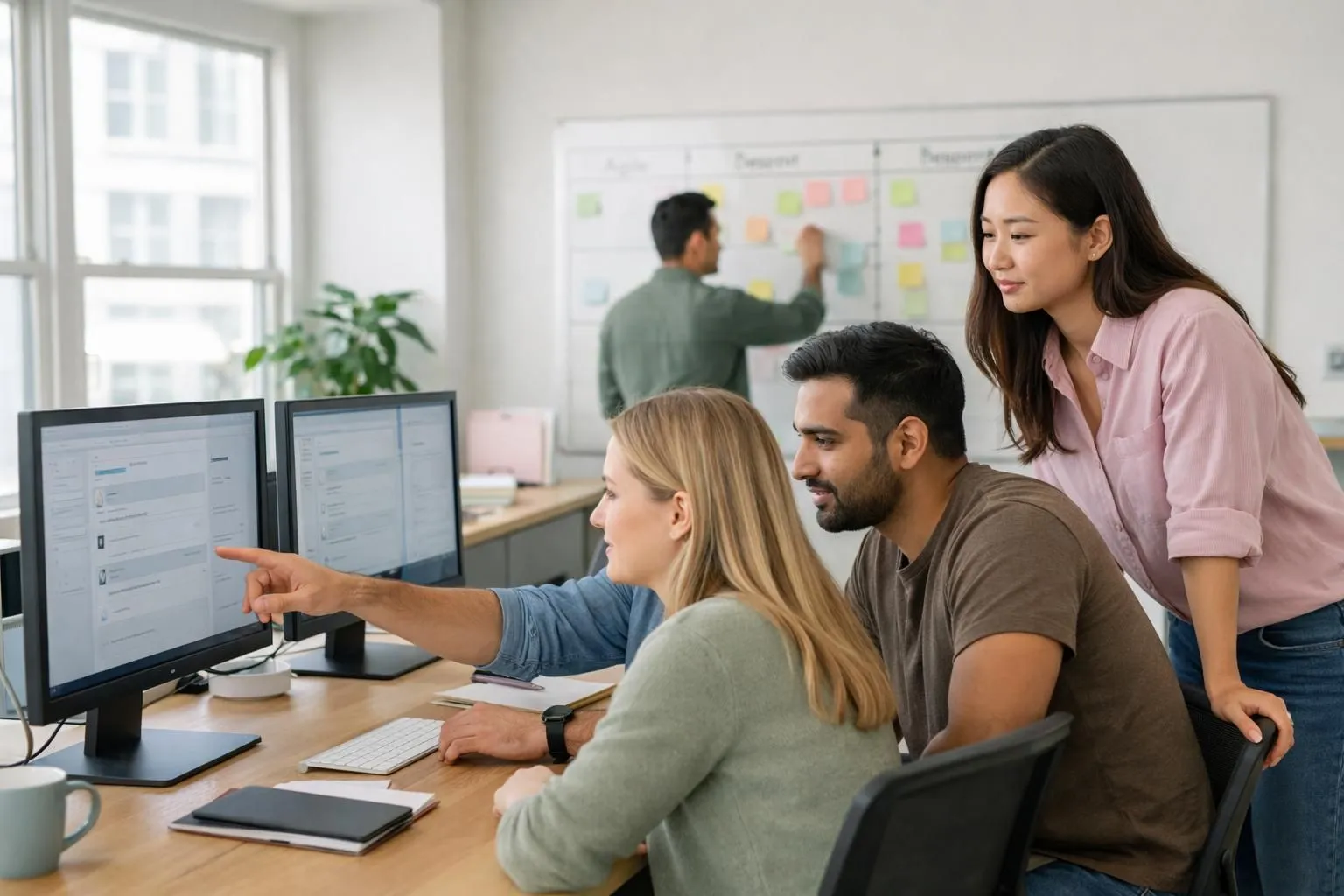 Software development team in modern tech office reviewing user feedback on multiple screens, collaborative workspace with agile sprint boards visible, developers discussing automation features, natural lighting, professional tech environment, NO TEXT OR LABELS