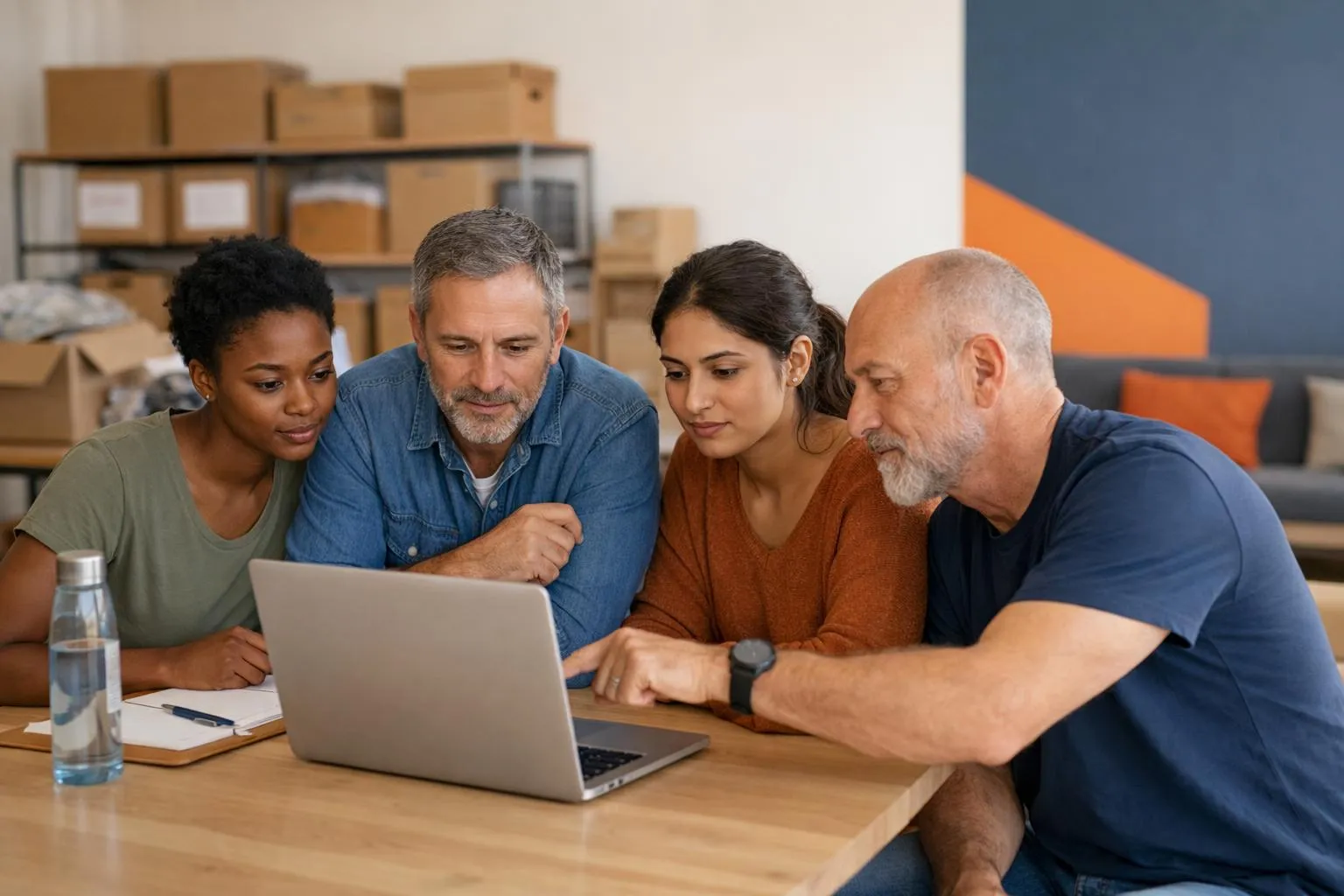 A diverse group of people collaborating on a laptop in an office.