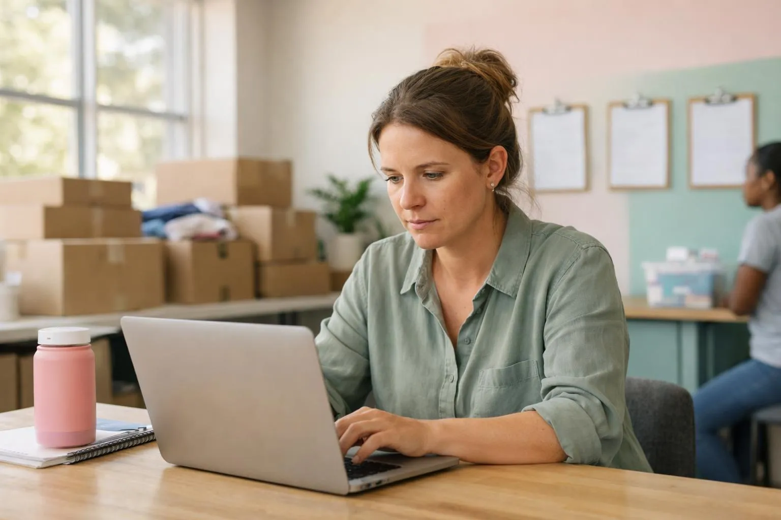 A woman working intently on a laptop in an office setting.