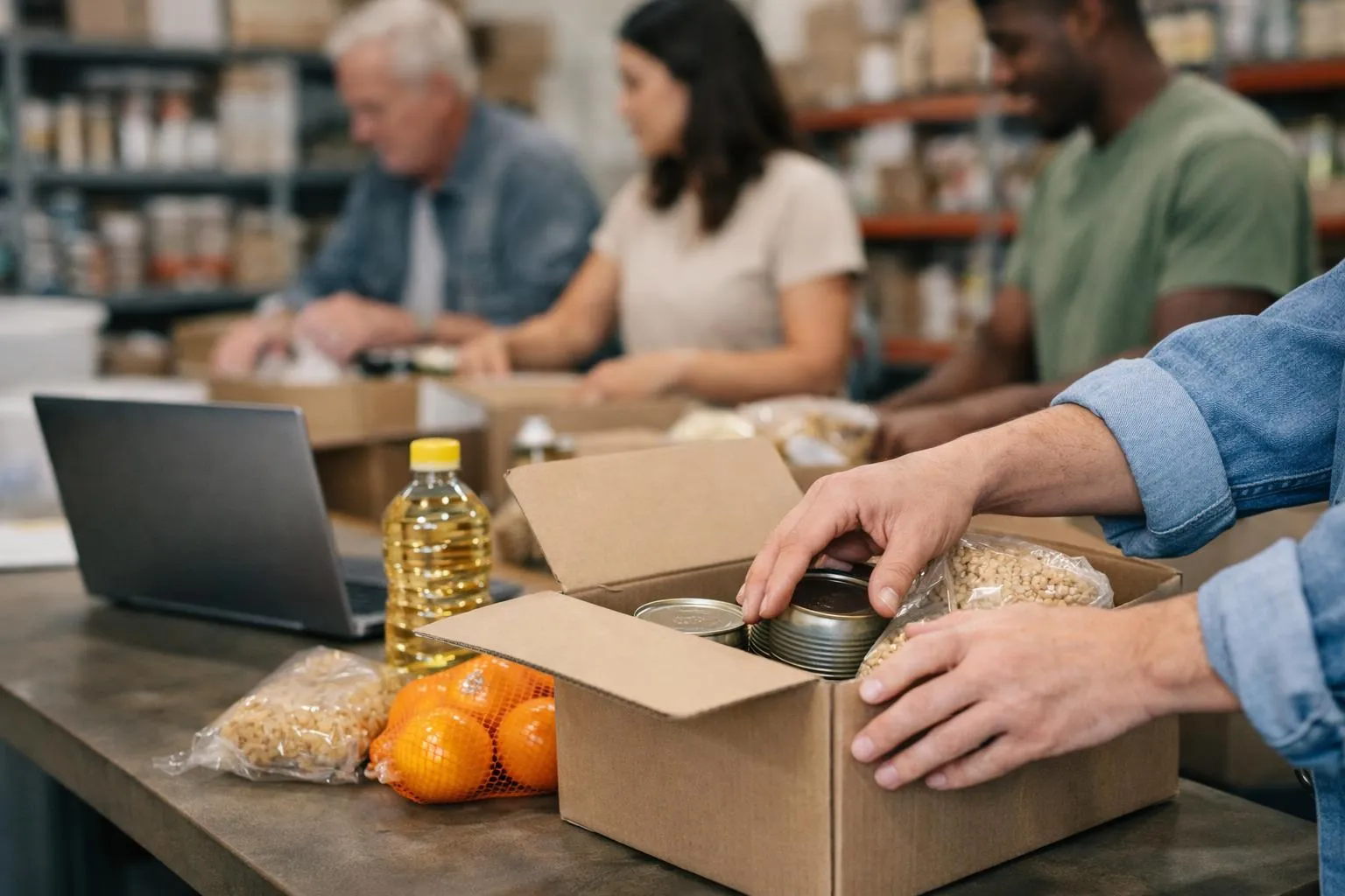 Volunteers packing food donations in a warehouse setting.