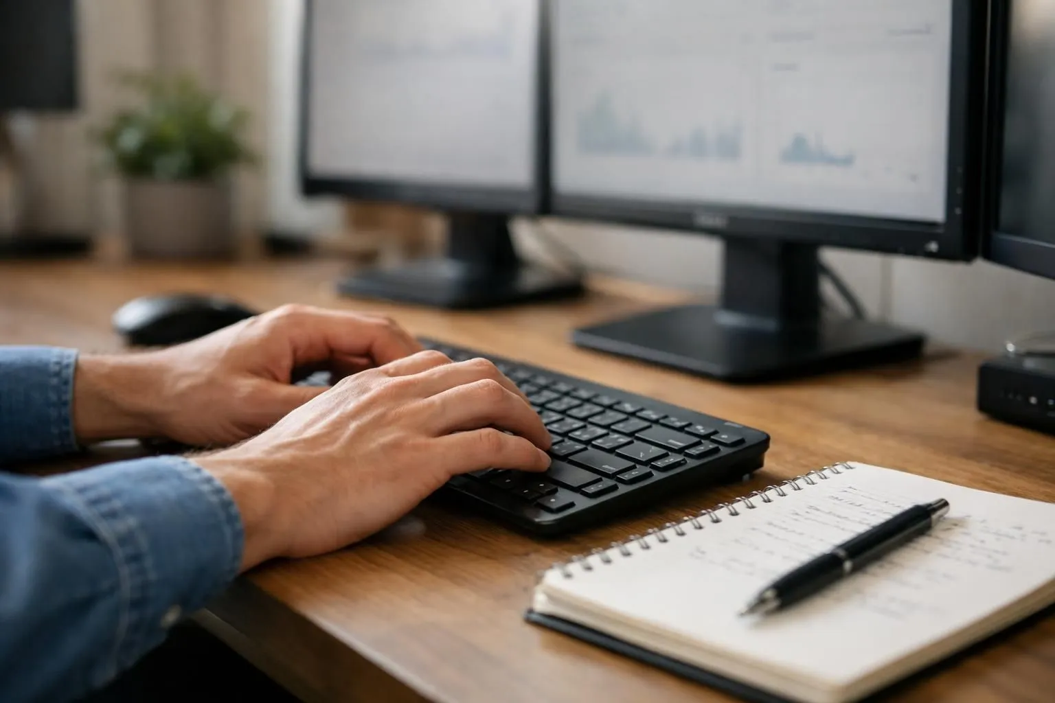 A person sitting at a desk with multiple monitors displaying SEO analytics dashboards and social media feeds, with a notebook open beside them showing handwritten notes, conveying the research process of gathering user feedback about digital marketing tools in a modern home office setting