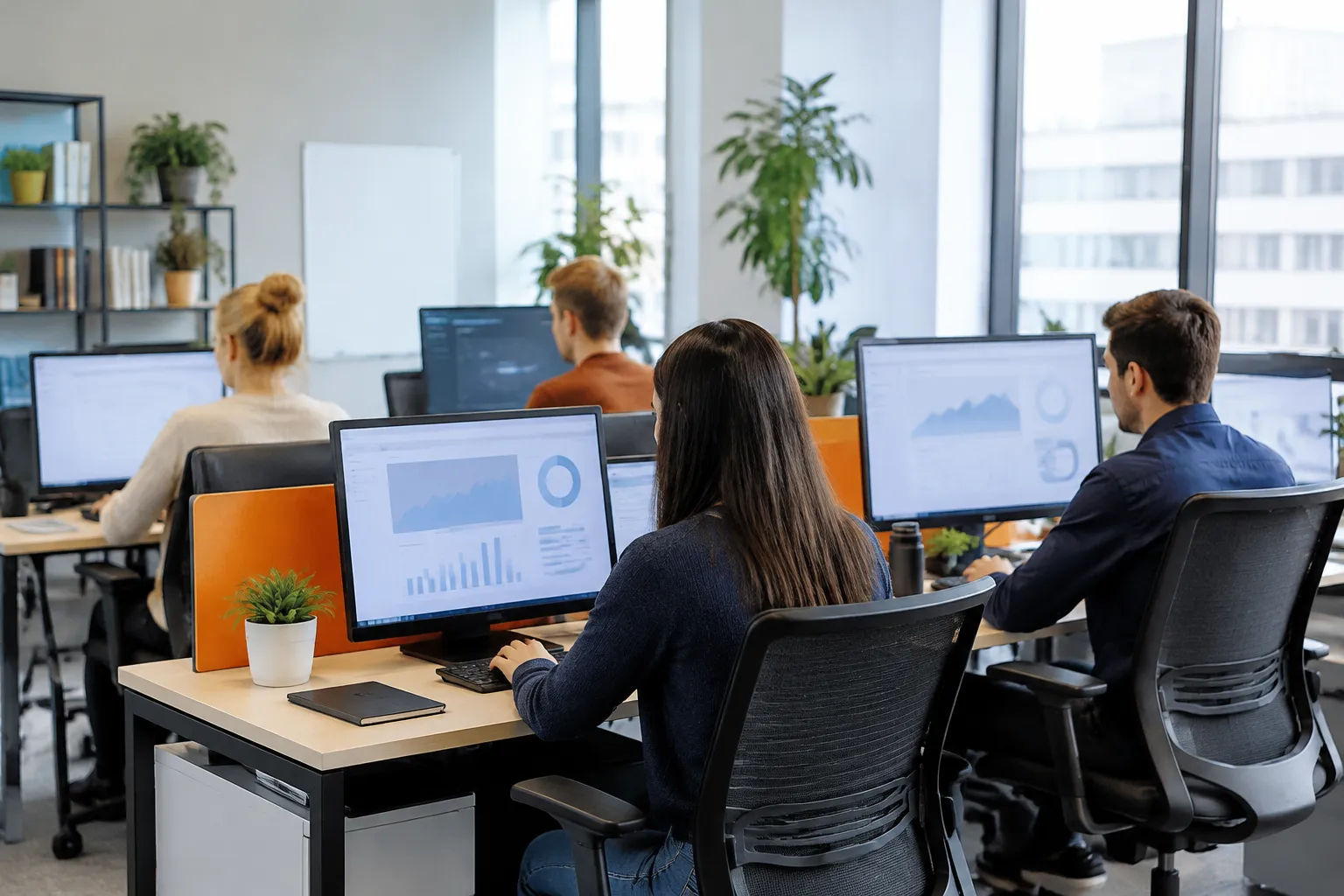 Modern office team working at computers with data dashboards