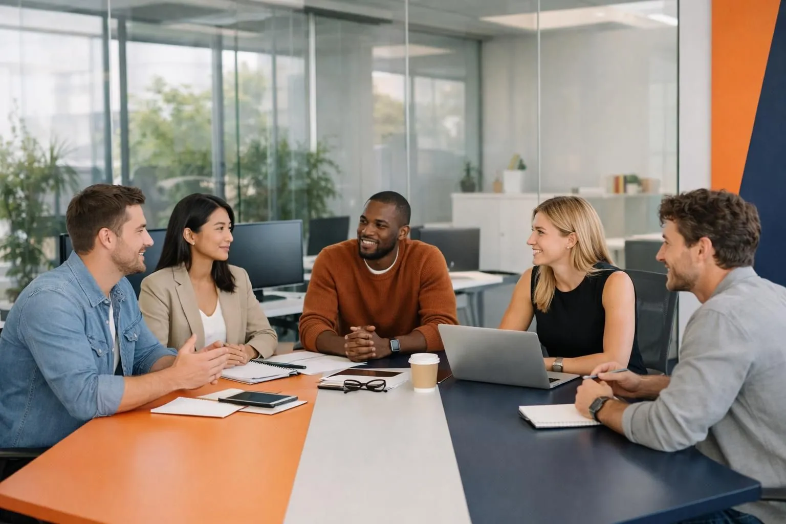 Modern enterprise marketing team of diverse professionals collaborating around a large conference table with multiple computer monitors displaying colorful analytics dashboards and data visualizations in a contemporary glass-walled office space with natural lighting