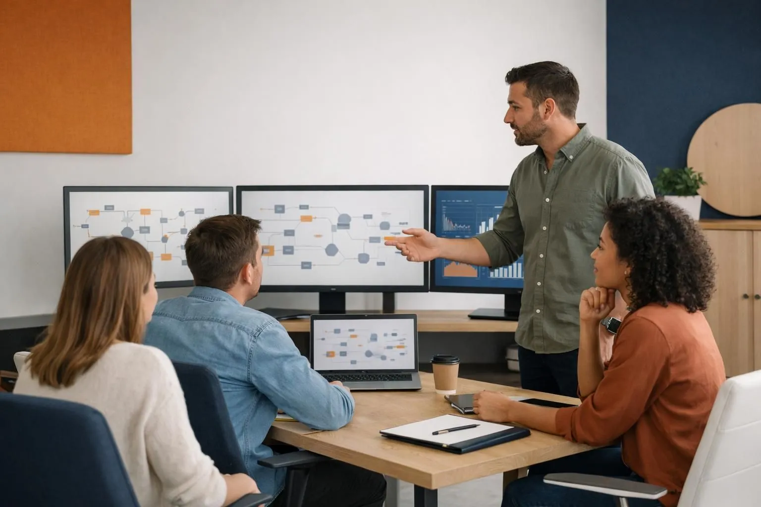 Marketing operations team gathered around multiple monitors displaying automated campaign workflows, customer journey maps, and real-time performance dashboards in a modern office environment