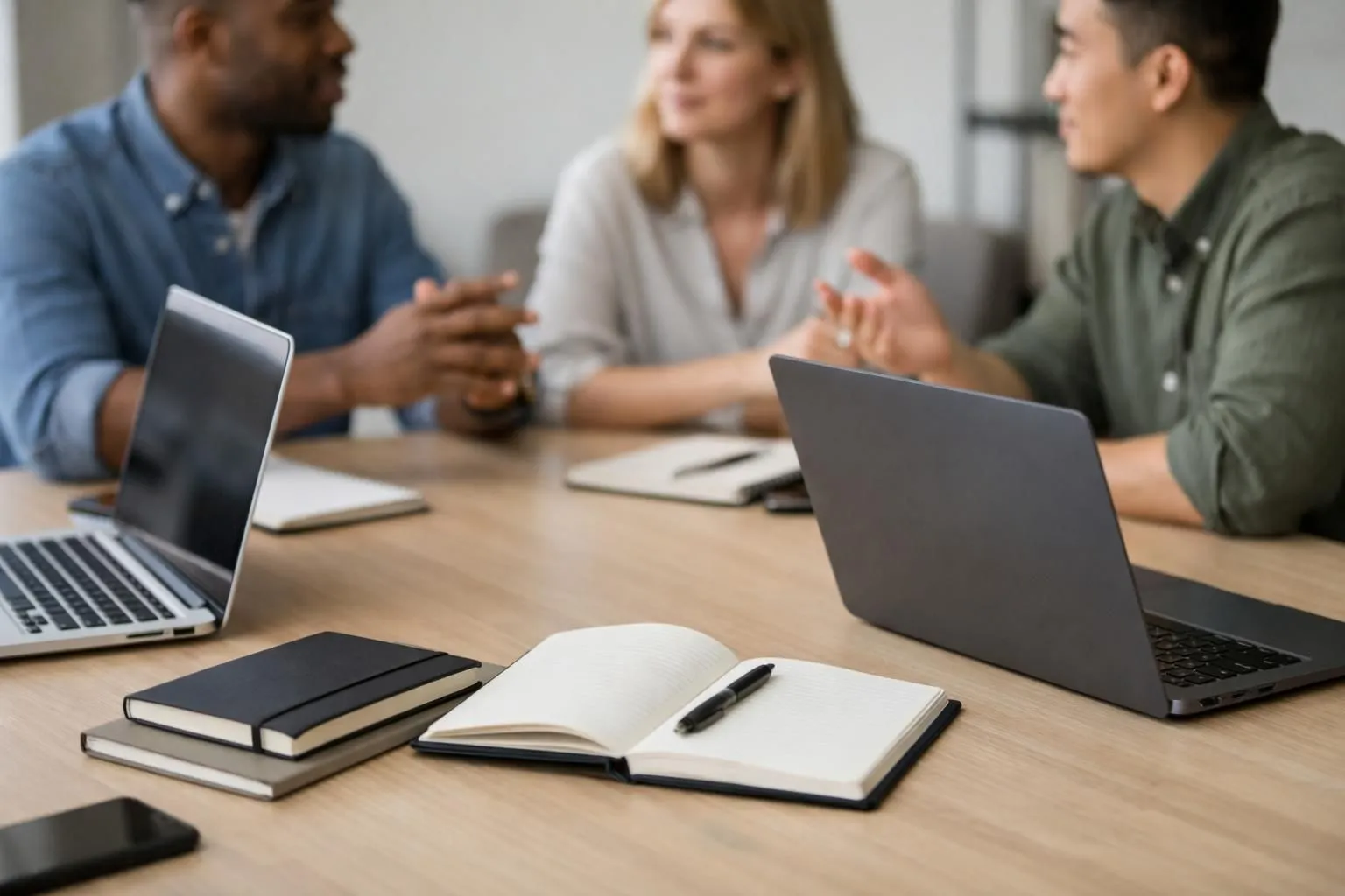 Business professionals reviewing software dashboards on laptops during collaborative meeting, diverse team discussing platform features with coffee cups and notepads on modern office desk