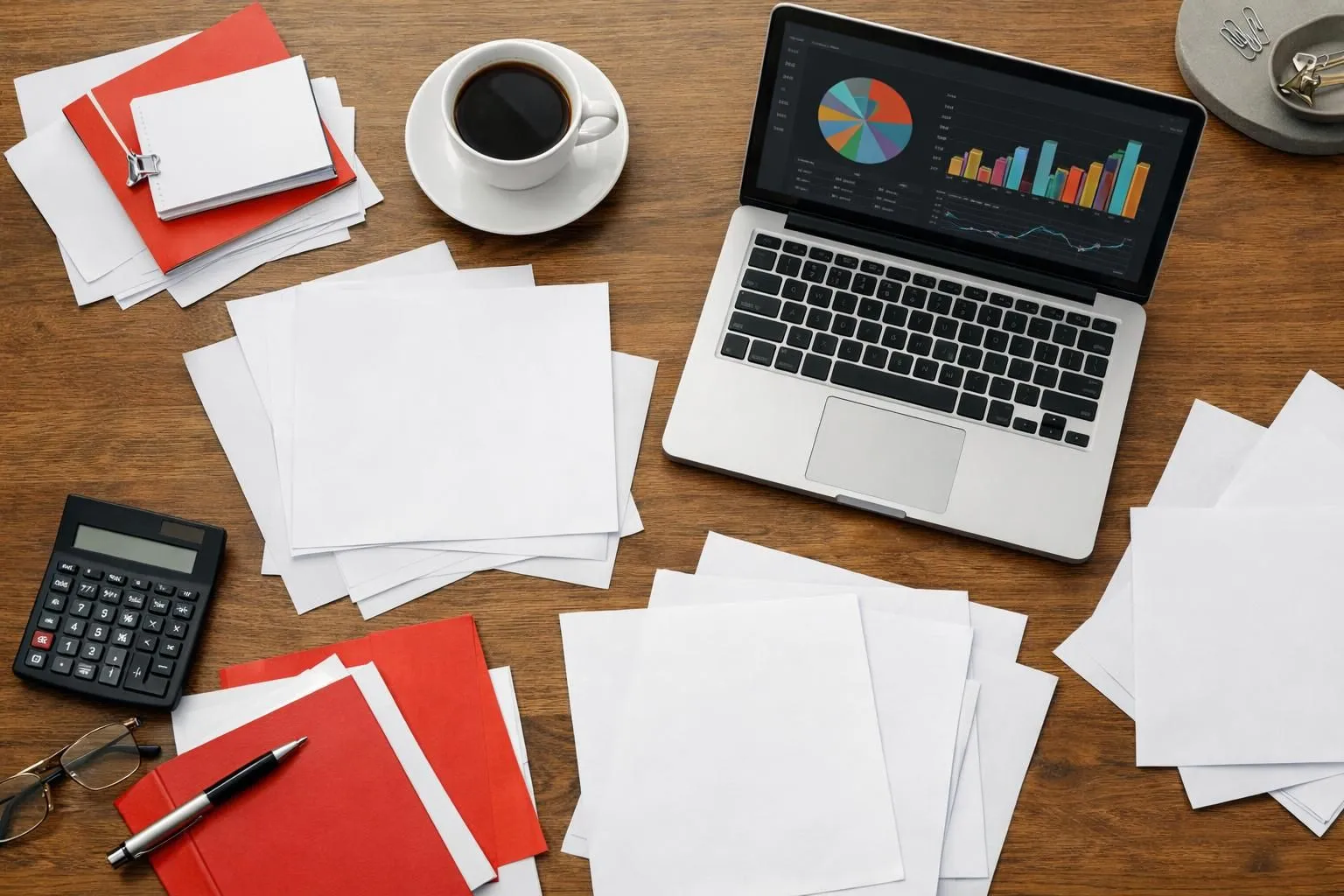 Business professional reviewing complex contract documents with calculator and financial spreadsheets, concerned expression, office setting with laptop showing analytics dashboard, papers scattered on desk