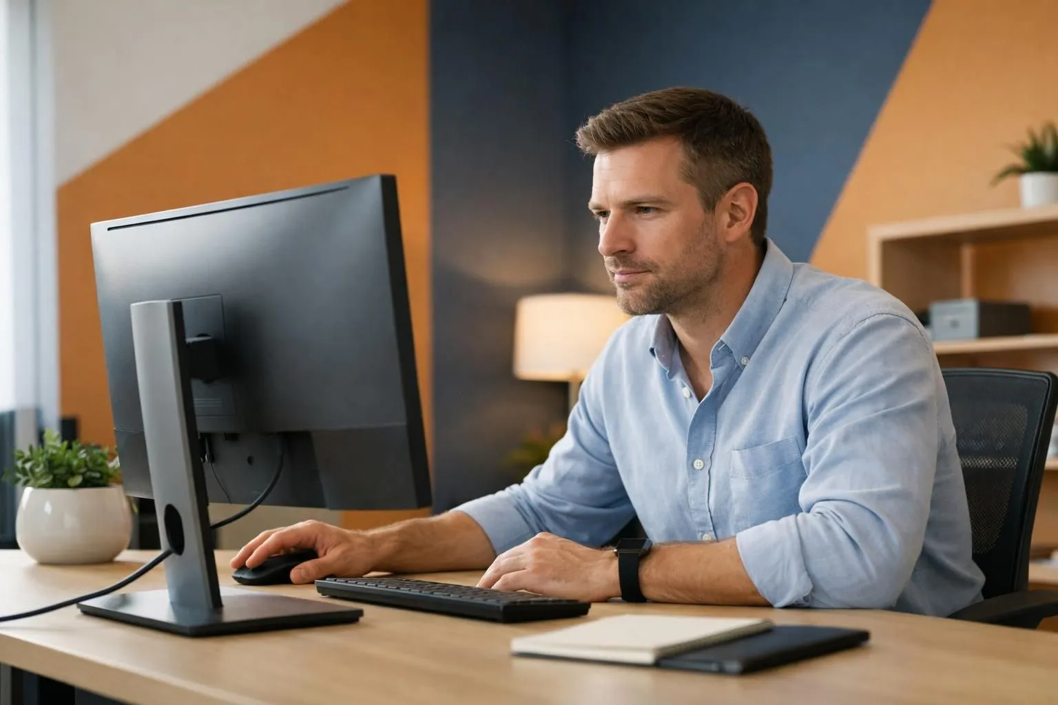 Professional at desk viewing simplified SEO dashboard on computer screen, clean modern office setting, person looking engaged and confident while analyzing website data, warm lighting, no text or labels visible