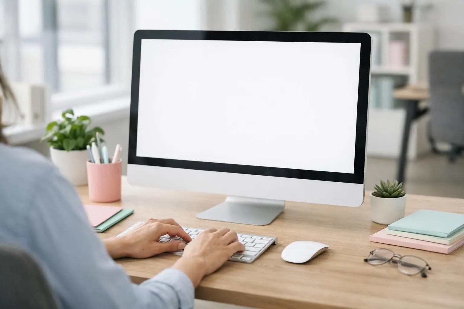 Professional at desk viewing computer screen displaying clean analytics dashboard with navigation menu, hands on keyboard during account setup process, modern office environment with natural lighting, SEO marketing context
