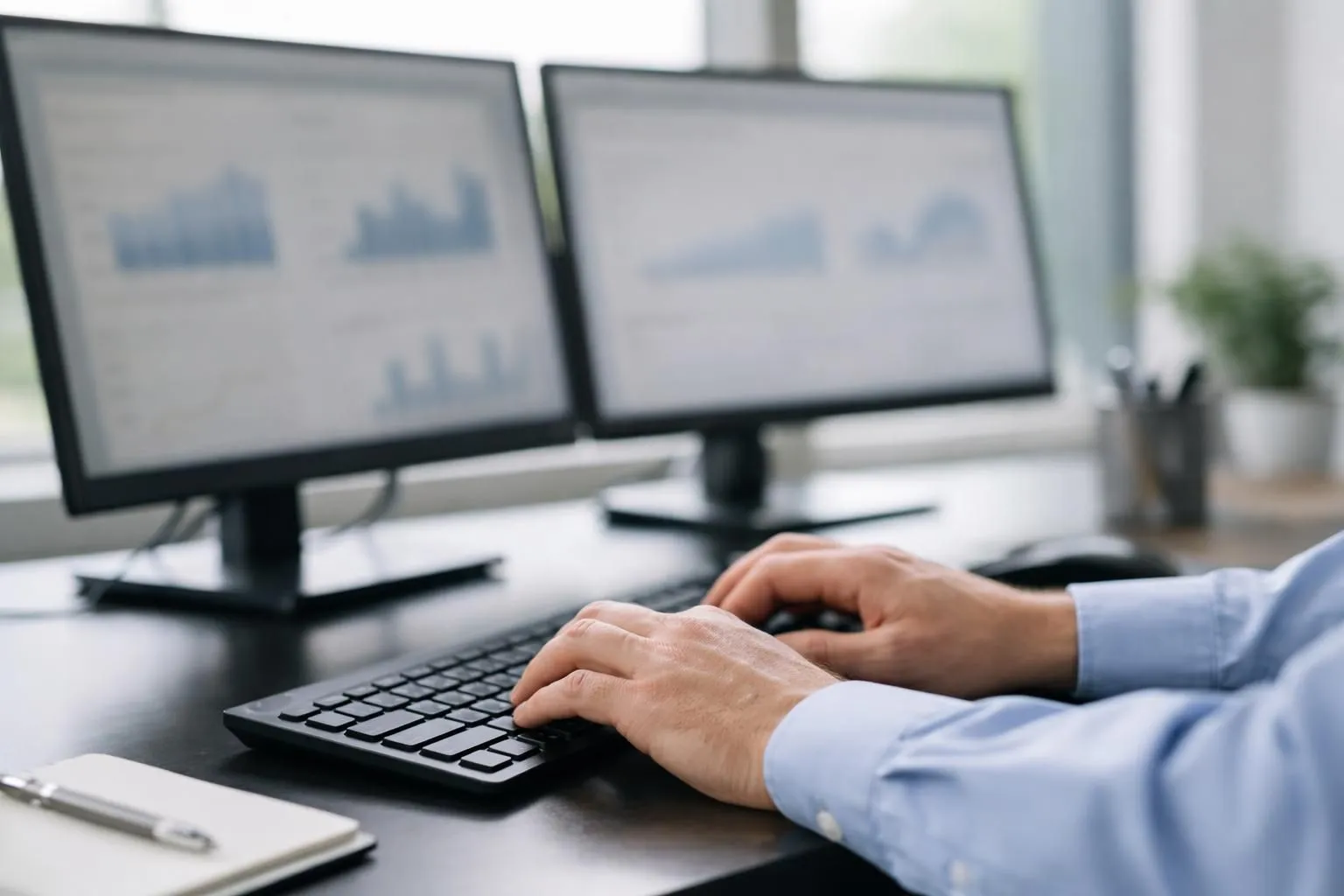 Business professional sitting at desk with dual monitors displaying colorful keyword analytics dashboards, hands on keyboard, concentrated expression, bright modern office with plants, natural lighting through large windows, no text or labels visible anywhere