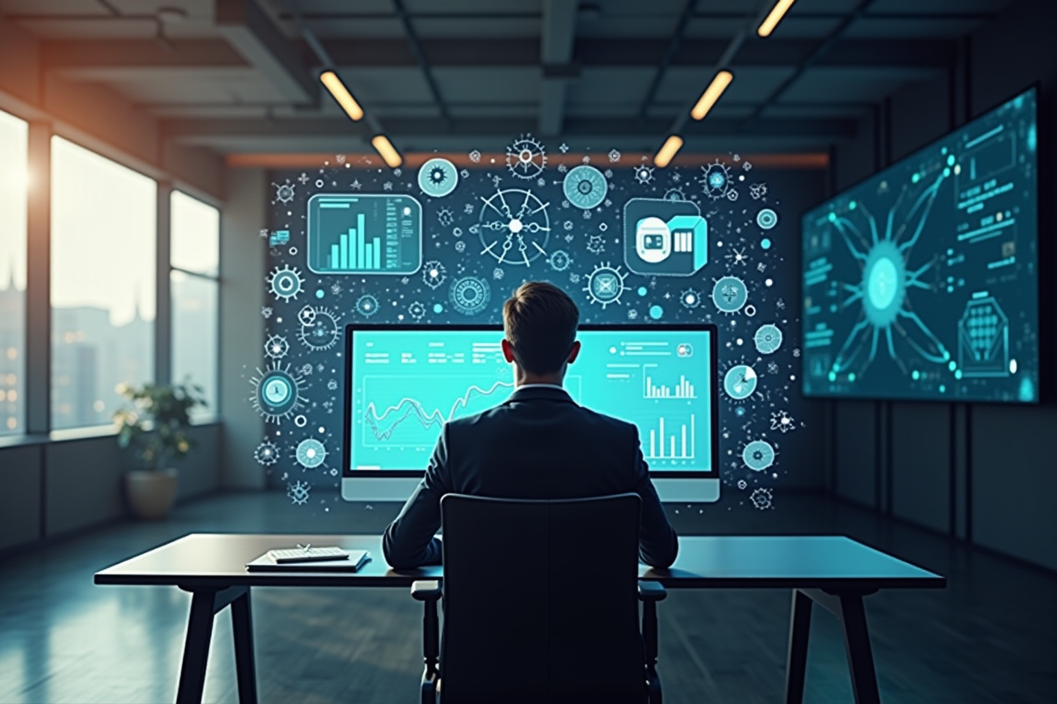 A person in a suit analyzing data visualizations on multiple screens.