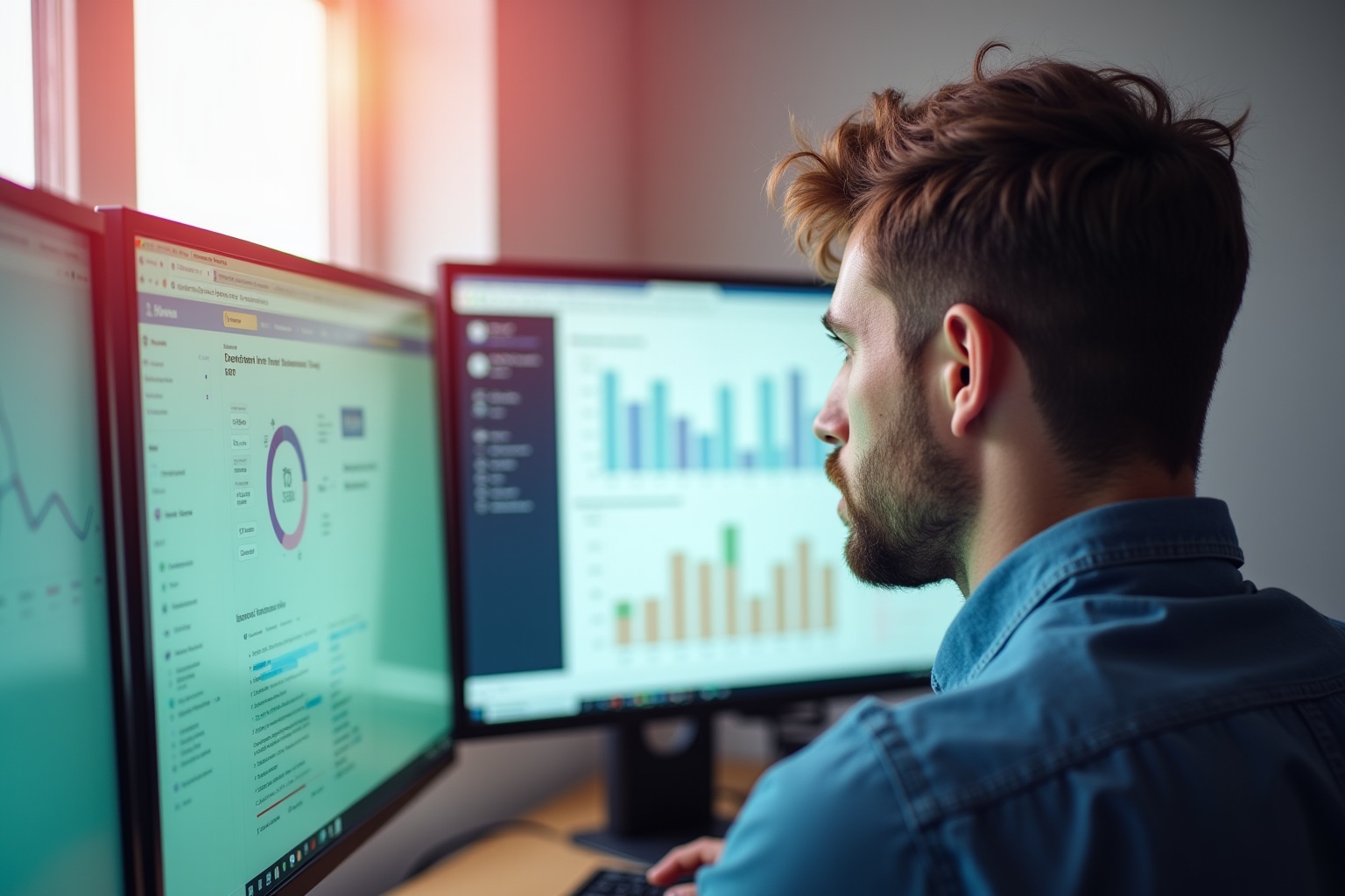 A man analyzing data visualizations on multiple computer screens.