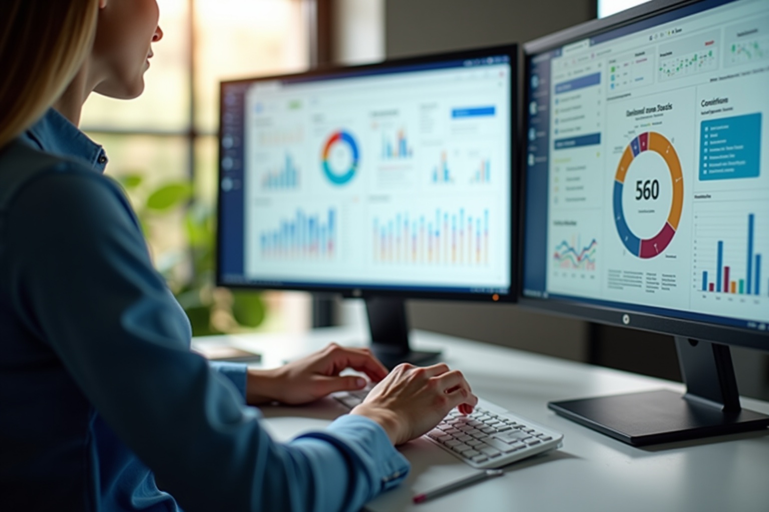 Person analyzing data on multiple computer monitors displaying charts and graphs.
