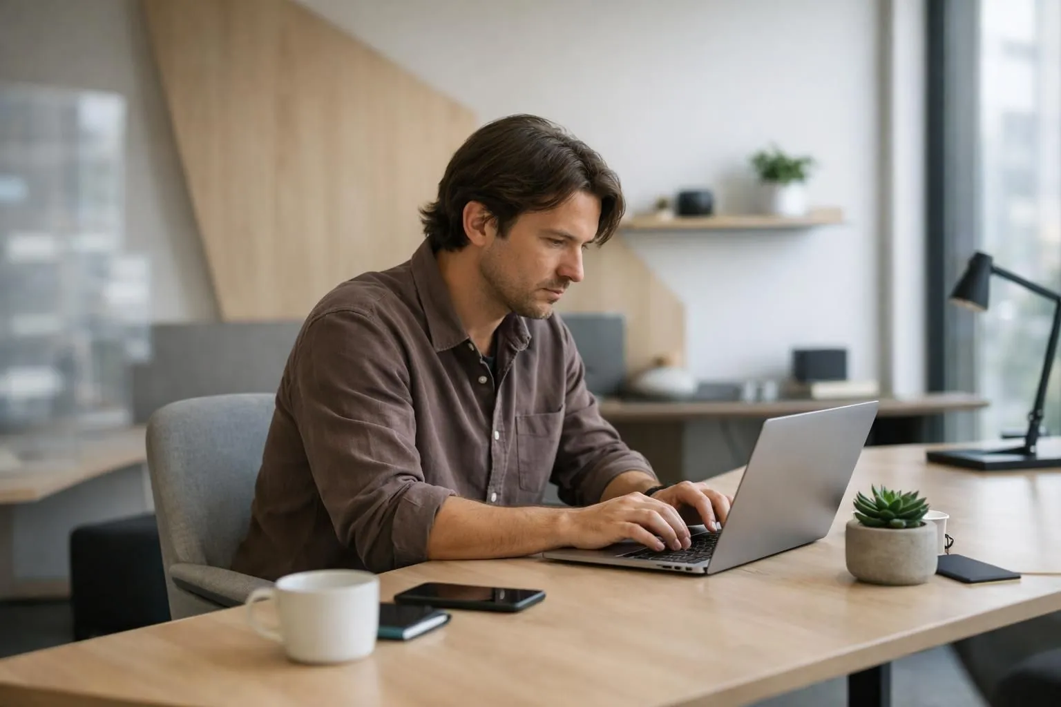 Professional content creator working with AI technology on modern laptop, futuristic workspace with holographic interface elements showing natural language processing visualization, modern office setting with screens displaying article content