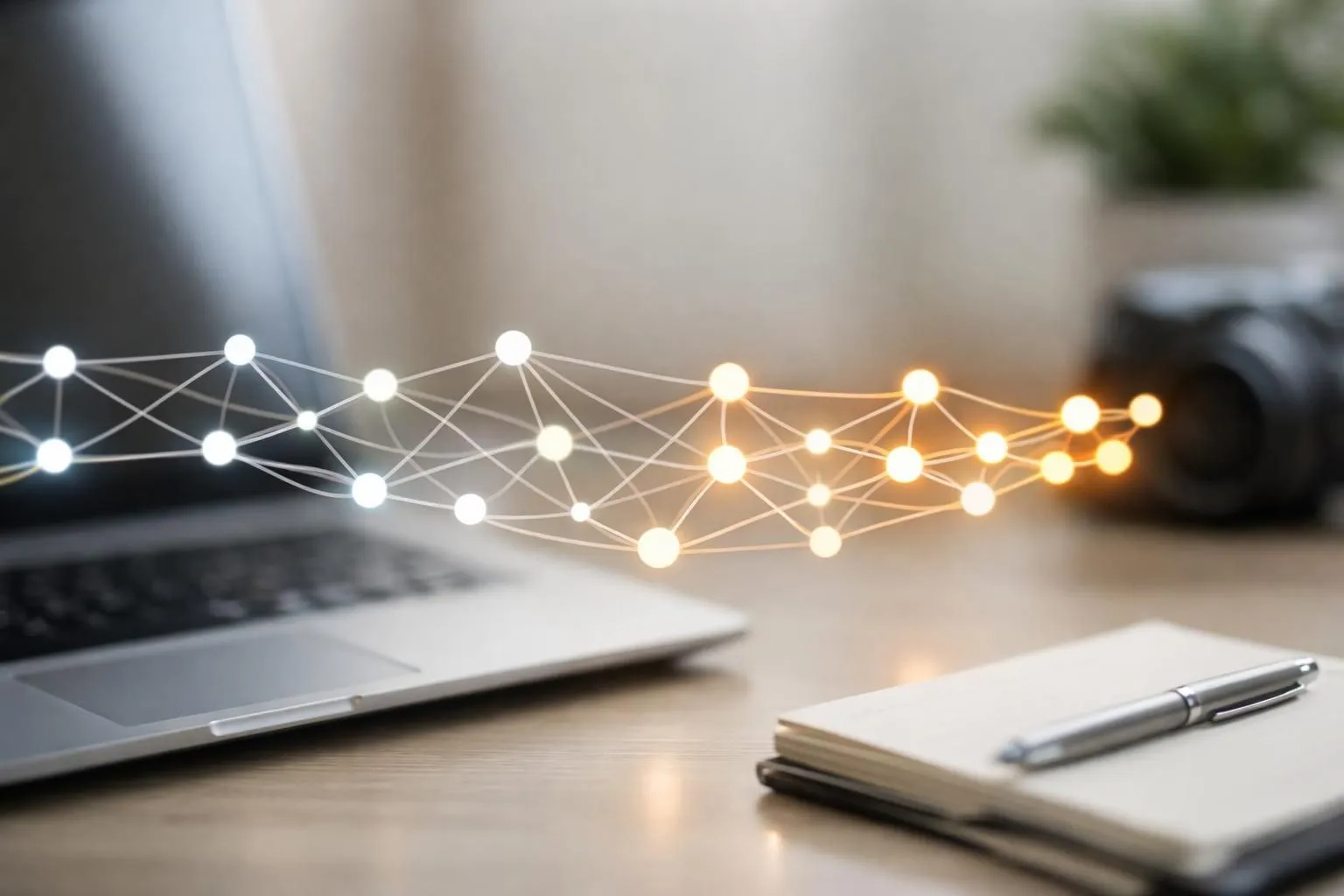 Digital brain composed of glowing neural pathways processing streams of text data, with nodes lighting up sequentially showing content generation workflow, abstract representation of AI algorithms analyzing and transforming information into structured articles