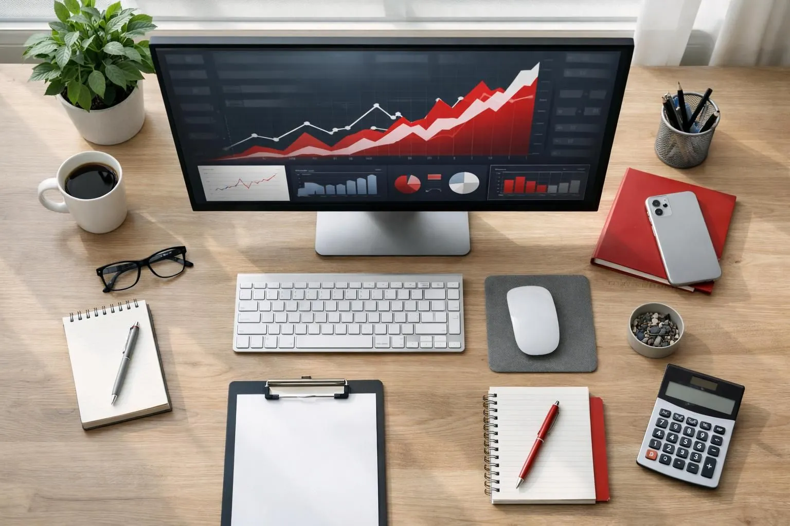 Computer screen displaying SEO analytics dashboard with rising graph lines and ranking metrics, modern office desk setup with coffee cup, natural lighting through window, professional workspace environment focused on digital marketing performance data