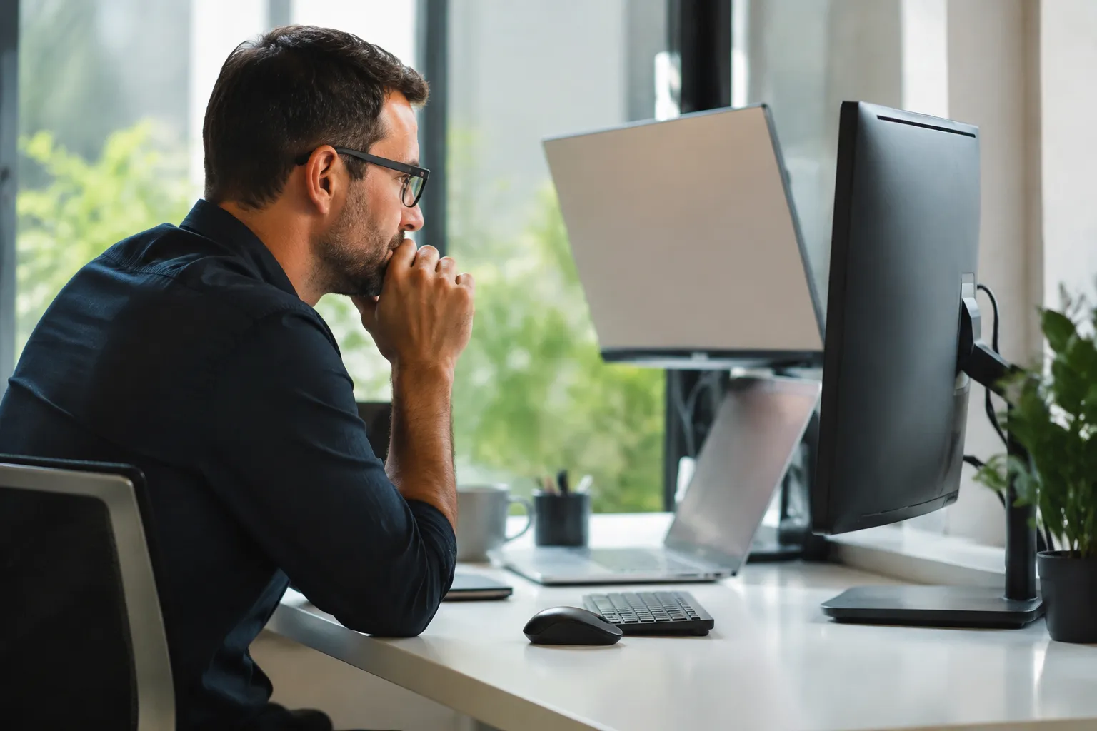 Focused businessman working intently at computer in office setting.