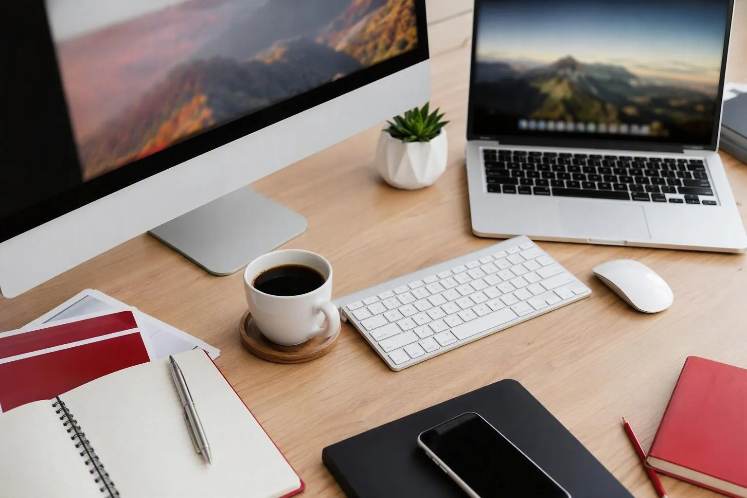 Laptop, keyboard, mouse, coffee cup, notebook, and potted plant on desk.