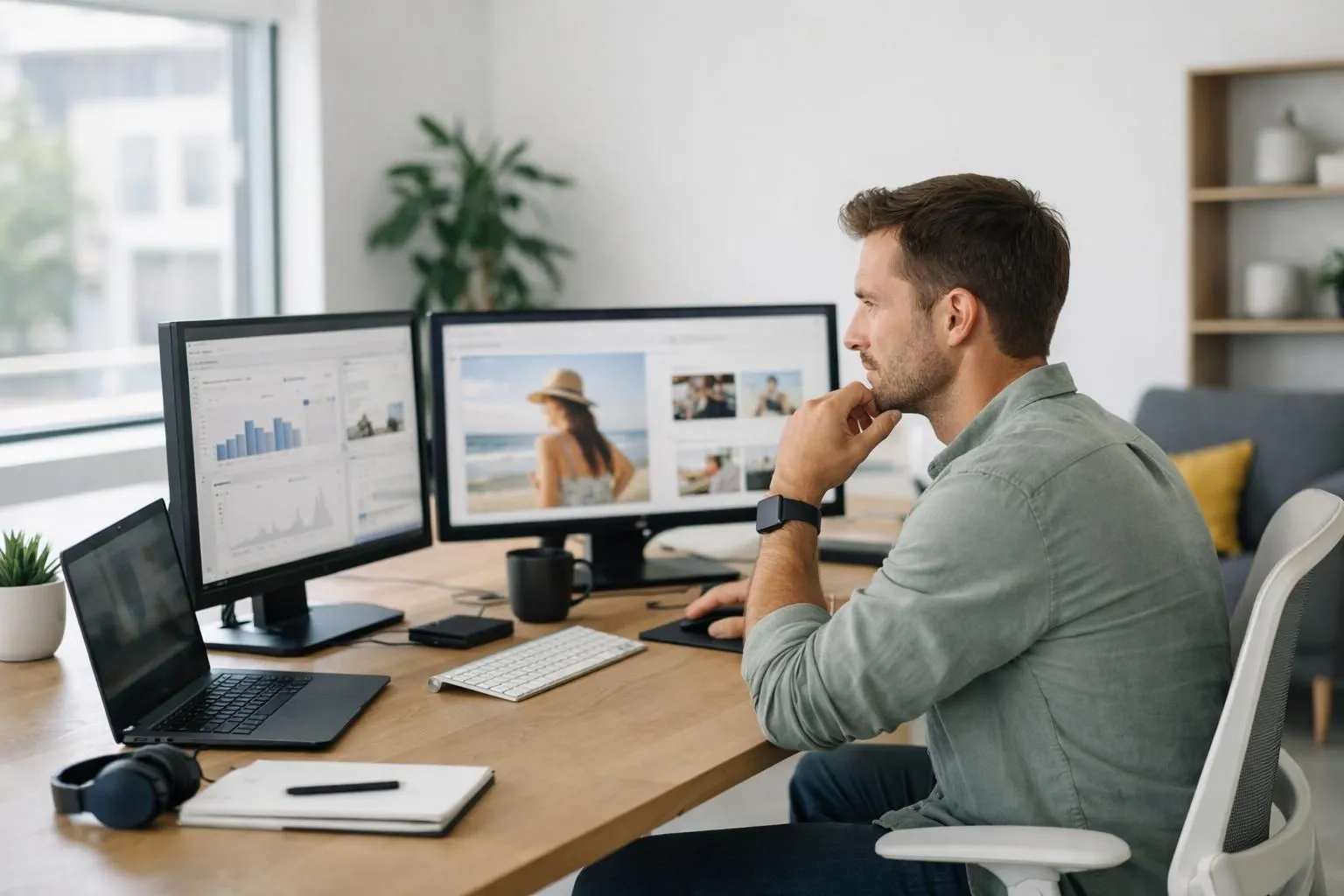 A marketing professional in a modern office environment examining multiple screens showing content performance metrics and AI-generated article drafts, with visible graphs and content previews on the displays, photorealistic office setting with natural lighting