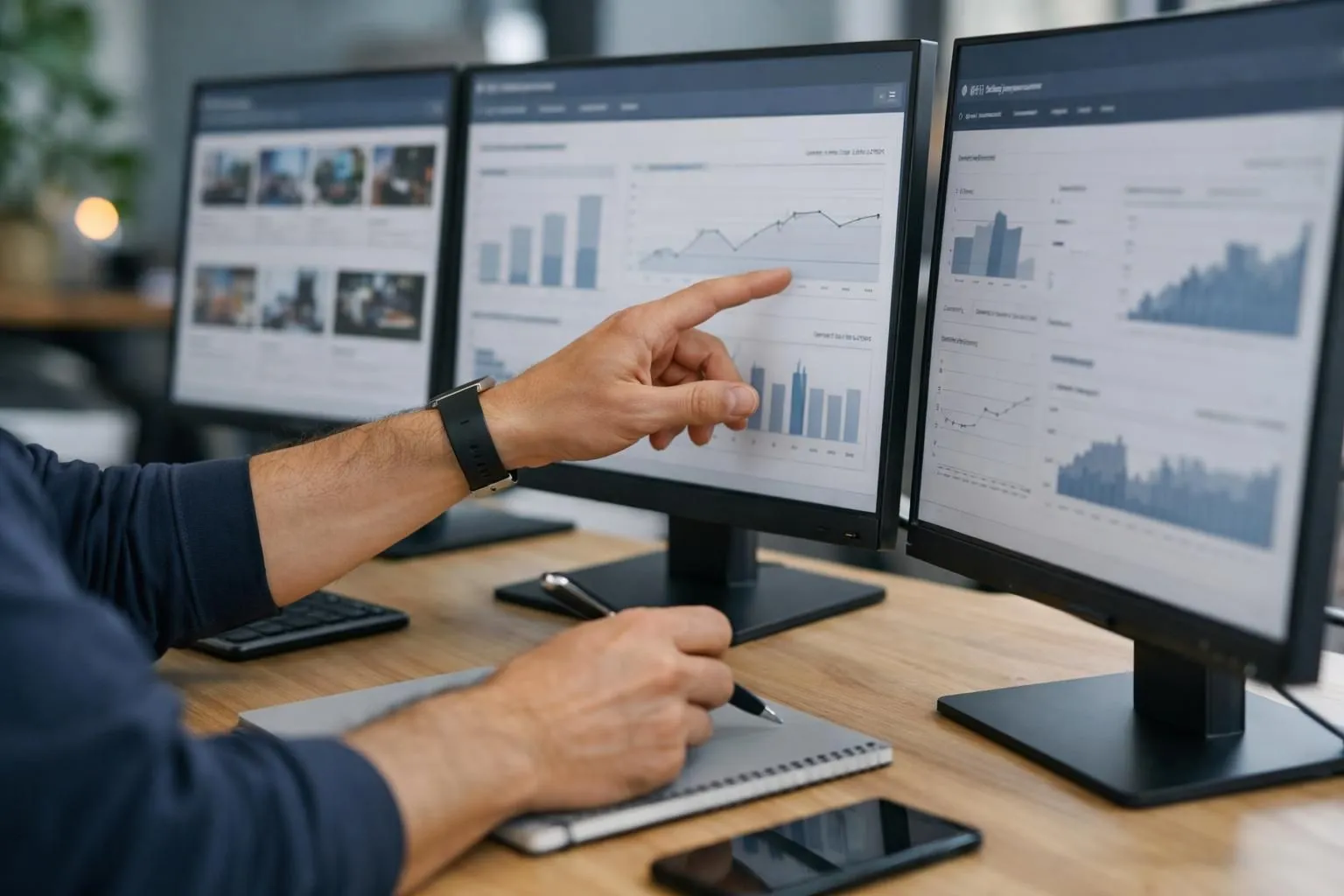 Marketing professional analyzing multiple computer screens displaying content analytics dashboards and performance metrics in a modern office setting, demonstrating data-driven content strategy optimization