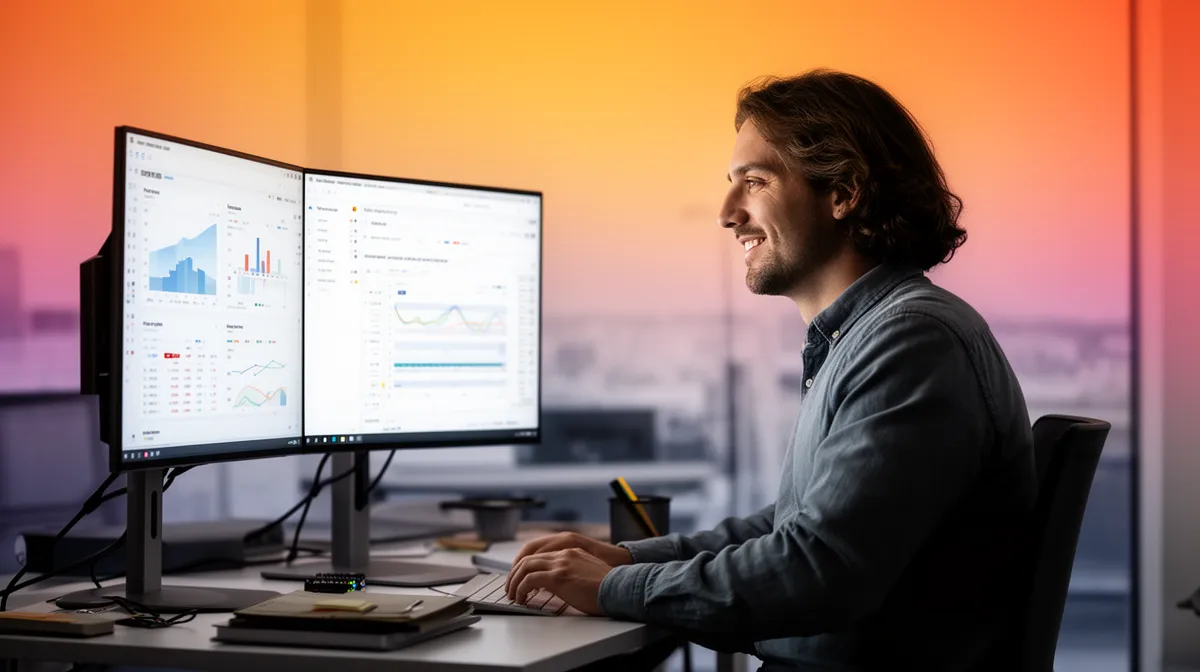 A man analyzing data visualizations on multiple computer screens.