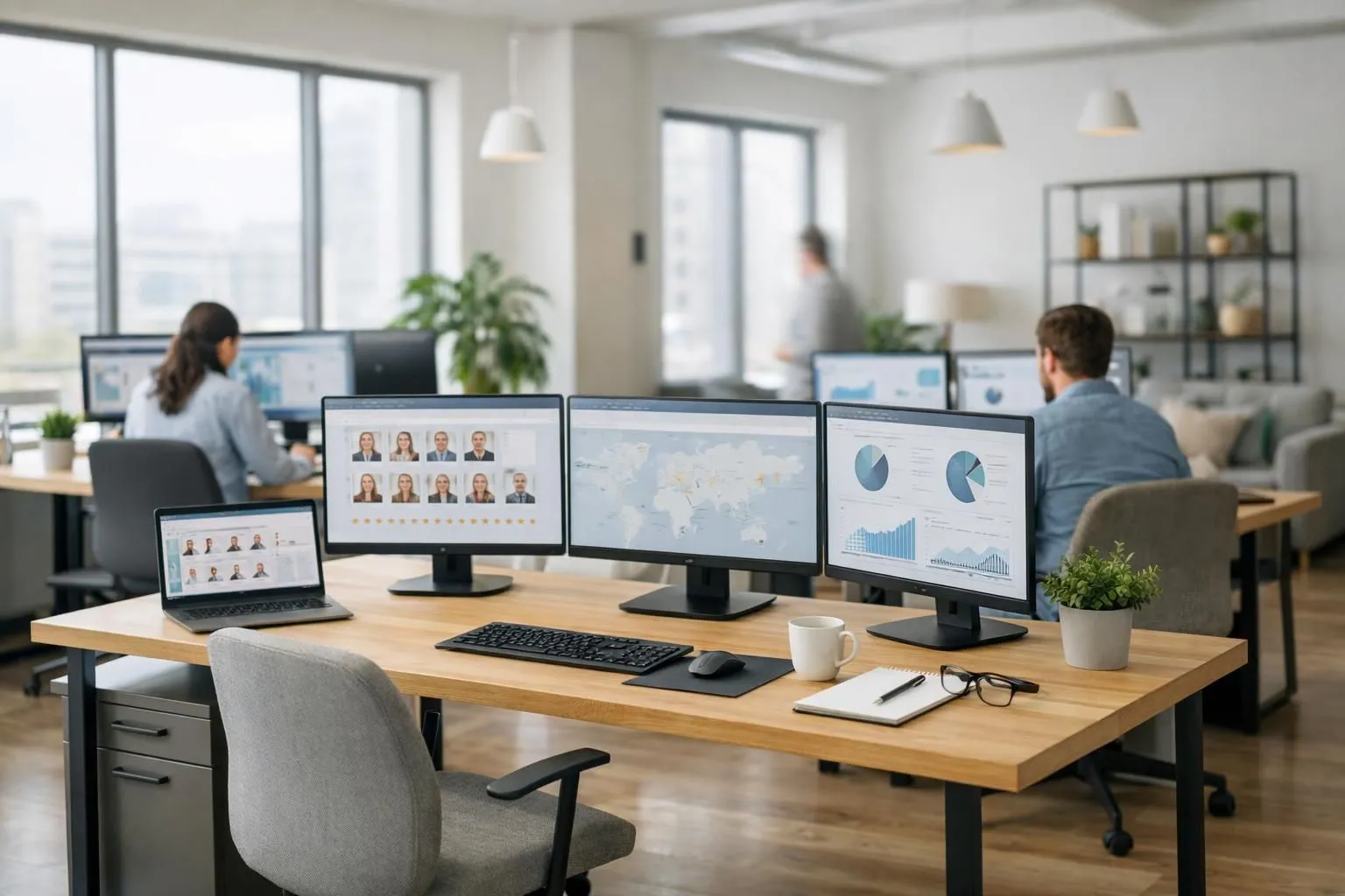 A business professional analyzing multiple computer screens displaying customer review dashboards, star ratings, and social media mentions in a modern office setting, representing online reputation monitoring and brand management in the digital age