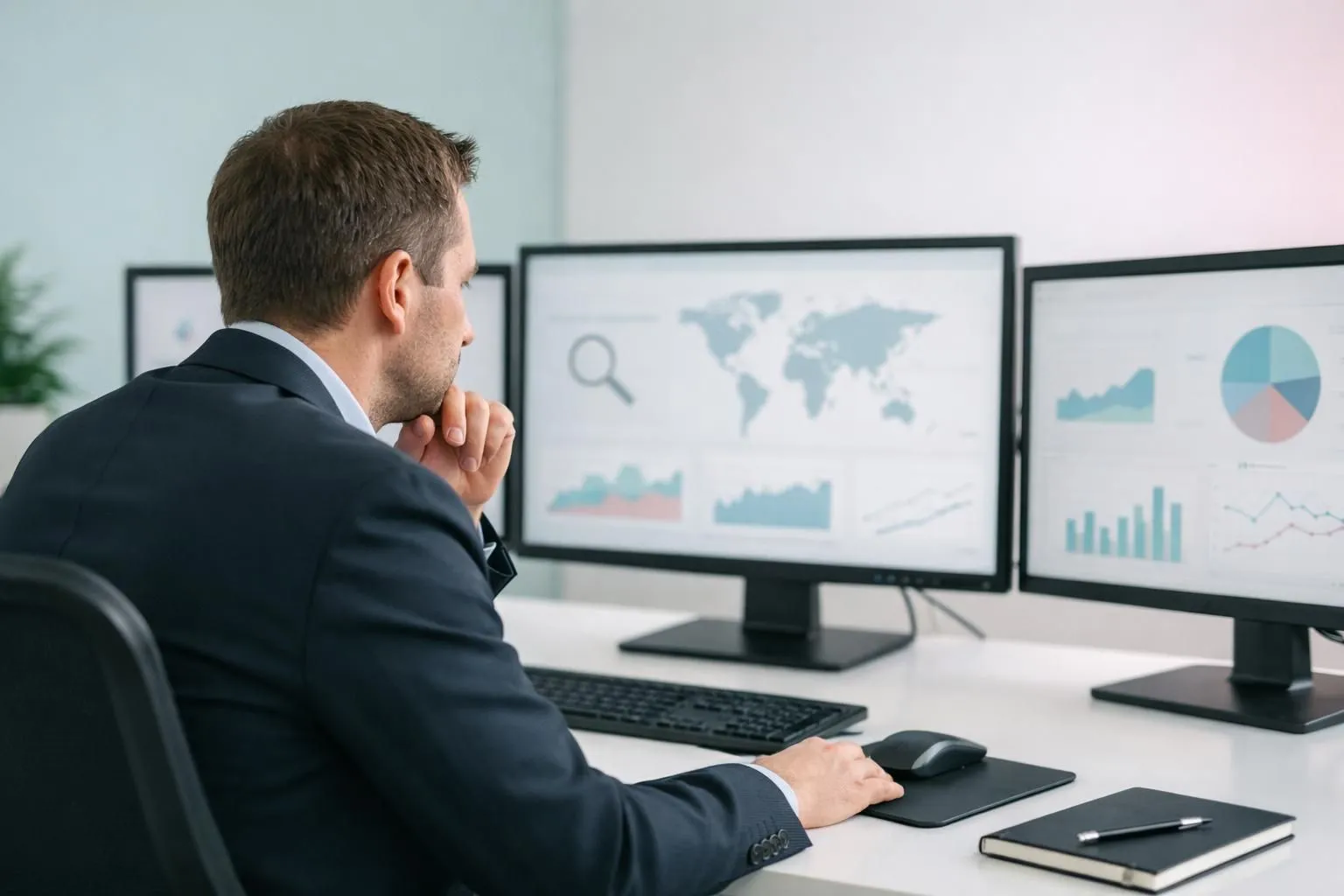 A business professional analyzing multiple computer screens displaying search engine results and reputation metrics in a modern office setting, with visual representations of rising positive content rankings pushing down negative results, clean corporate environment with blue and green data visualizations, no text or labels visible