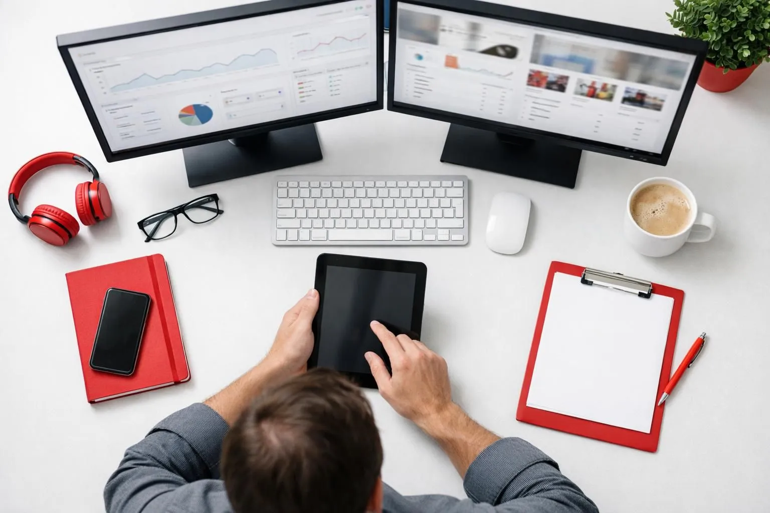 Digital marketer at desk with dual monitors displaying SEO analytics dashboards and content performance metrics, coffee cup nearby, focused expression while reviewing automated publishing workflows