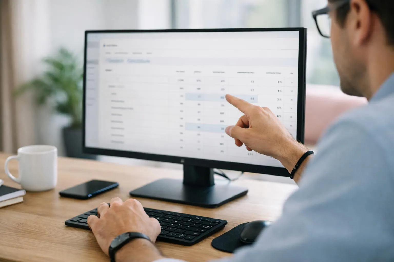 Person analyzing data on computer screen.