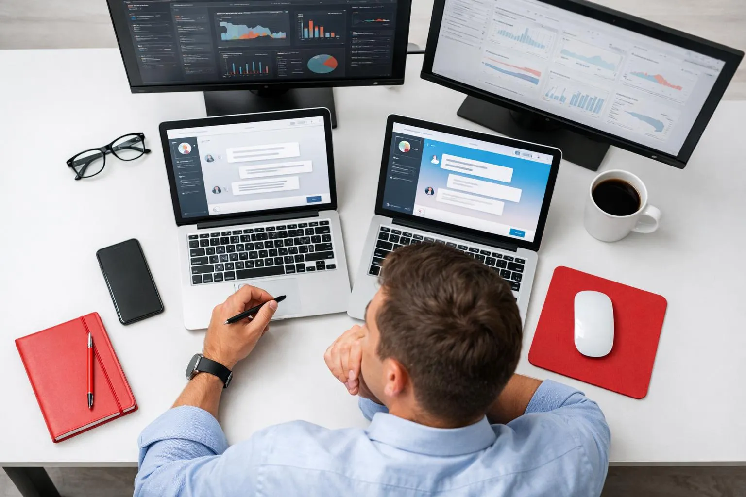 Workspace with multiple computer screens, laptops, and office supplies.