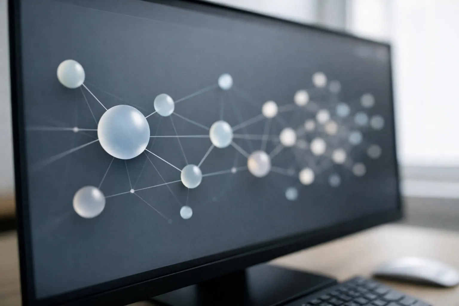 Complex network visualization showing website nodes of varying sizes connected by glowing links, with data flowing between them in a three-dimensional space, representing machine learning analysis of domain relationships and authority distribution in SEO