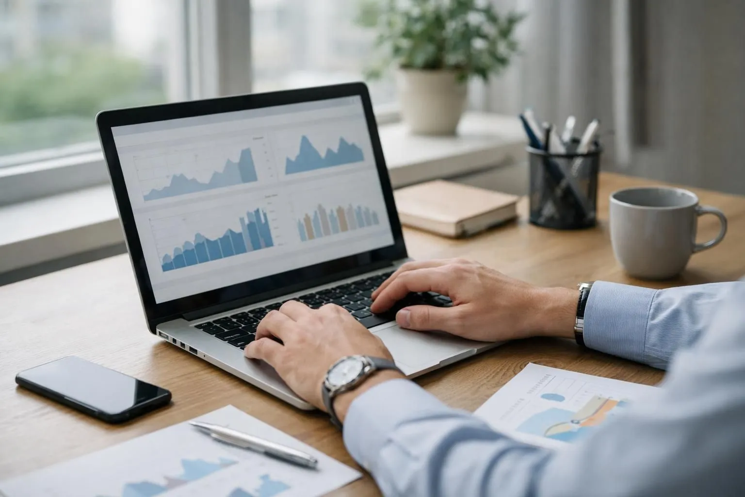 Marketing professional analyzing laptop screen displaying Google search results page with featured snippets, knowledge panels, and organic listings while tracking click-through rate metrics on dashboard. Modern office setting with data visualization charts showing traffic distribution patterns across different SERP elements. Industry: SEO, AI, Content Marketing, Digital Marketing. Target: Businesses 25-55. NO text, words, letters, numbers, signs, labels, logos, titles, or captions in the image.