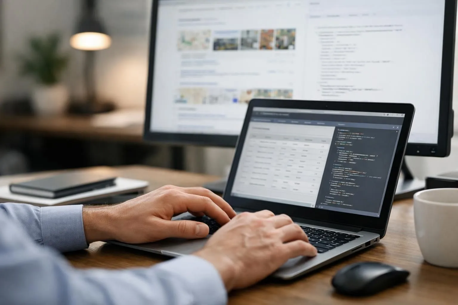 SEO professional at modern desk with dual monitors displaying Google search results with various SERP features, structured data code visible on screen, person adjusting schema markup while reviewing search console analytics dashboard