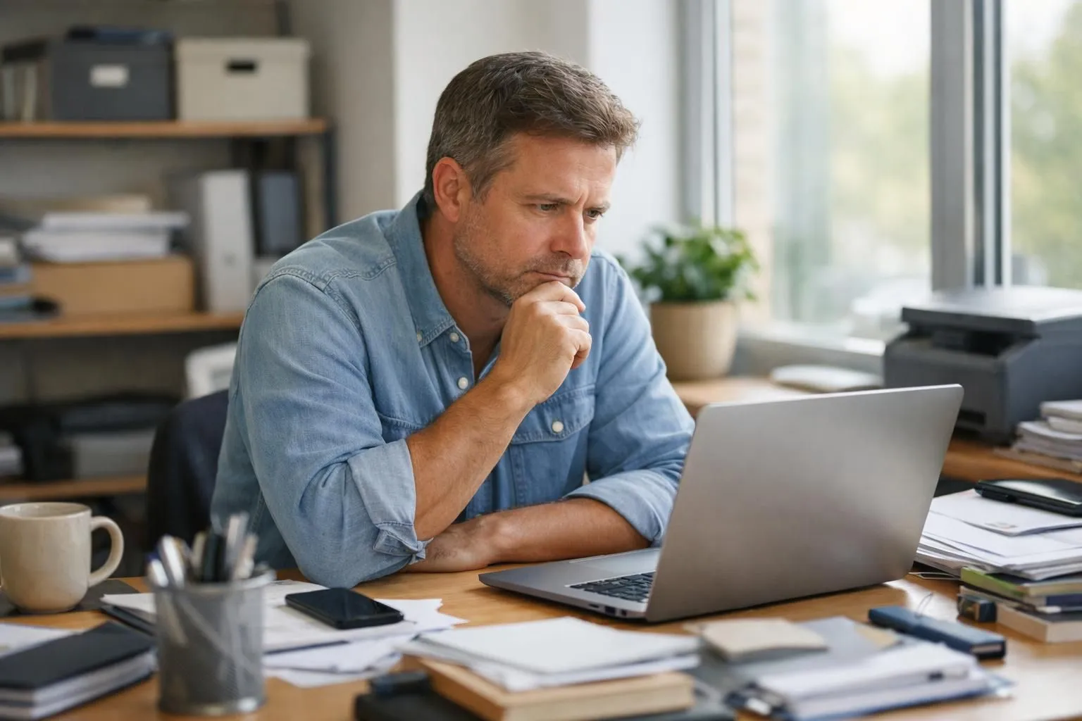 Small business owner sitting at desk looking frustrated at laptop screen showing complex data visualizations and overwhelming analytics charts, office environment with natural lighting, realistic photography style, no text or labels visible anywhere in scene