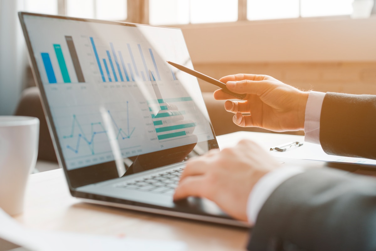 person analyzing business charts on laptop
