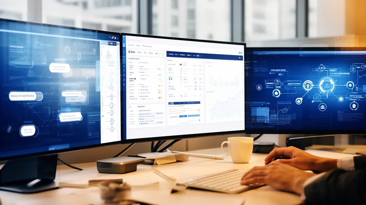 Multiple computer screens displaying various data analytics and information dashboards.